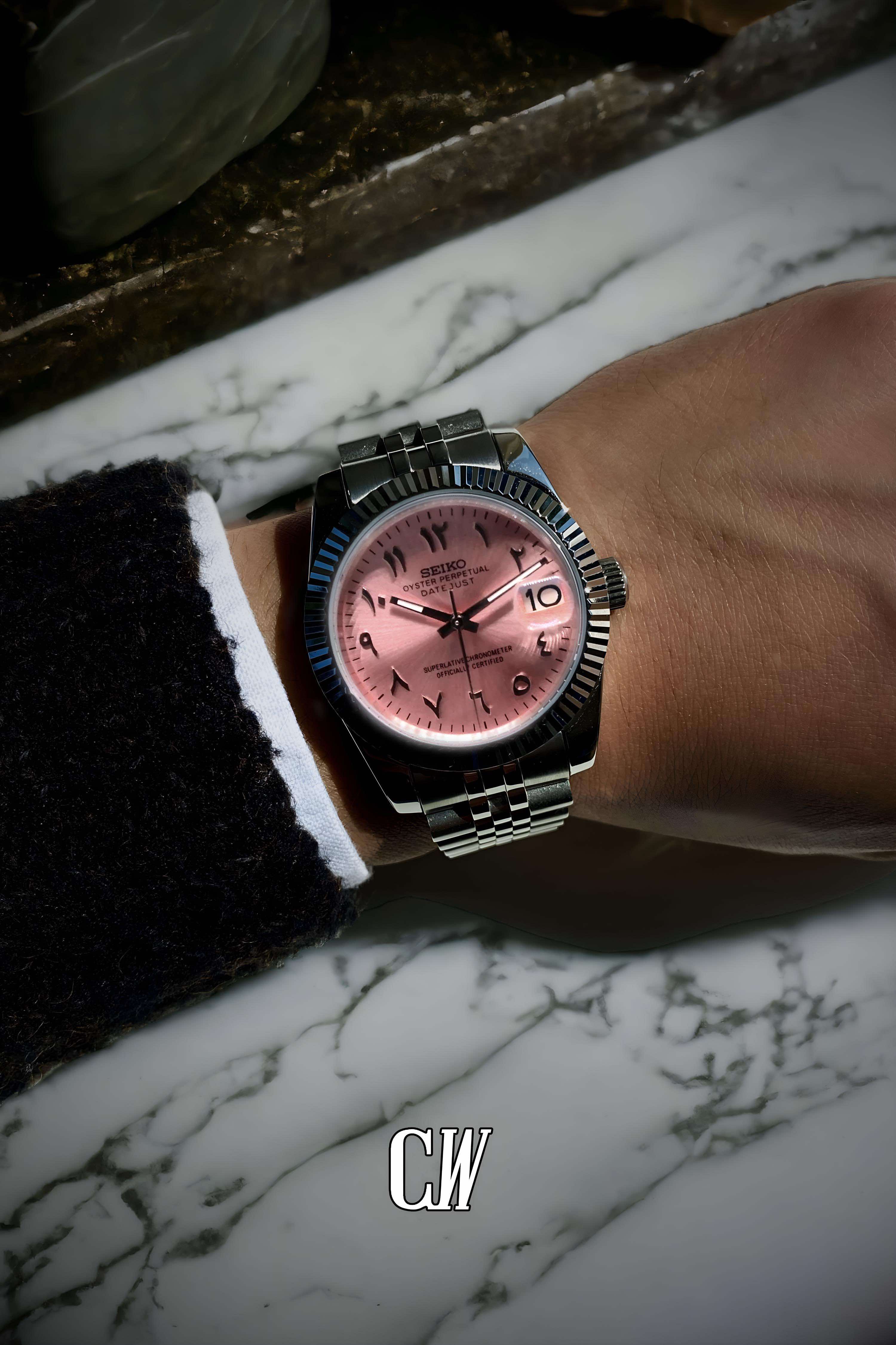 Seikojust mod watch 'arabic sunburst pink' - Circa Watch Labs