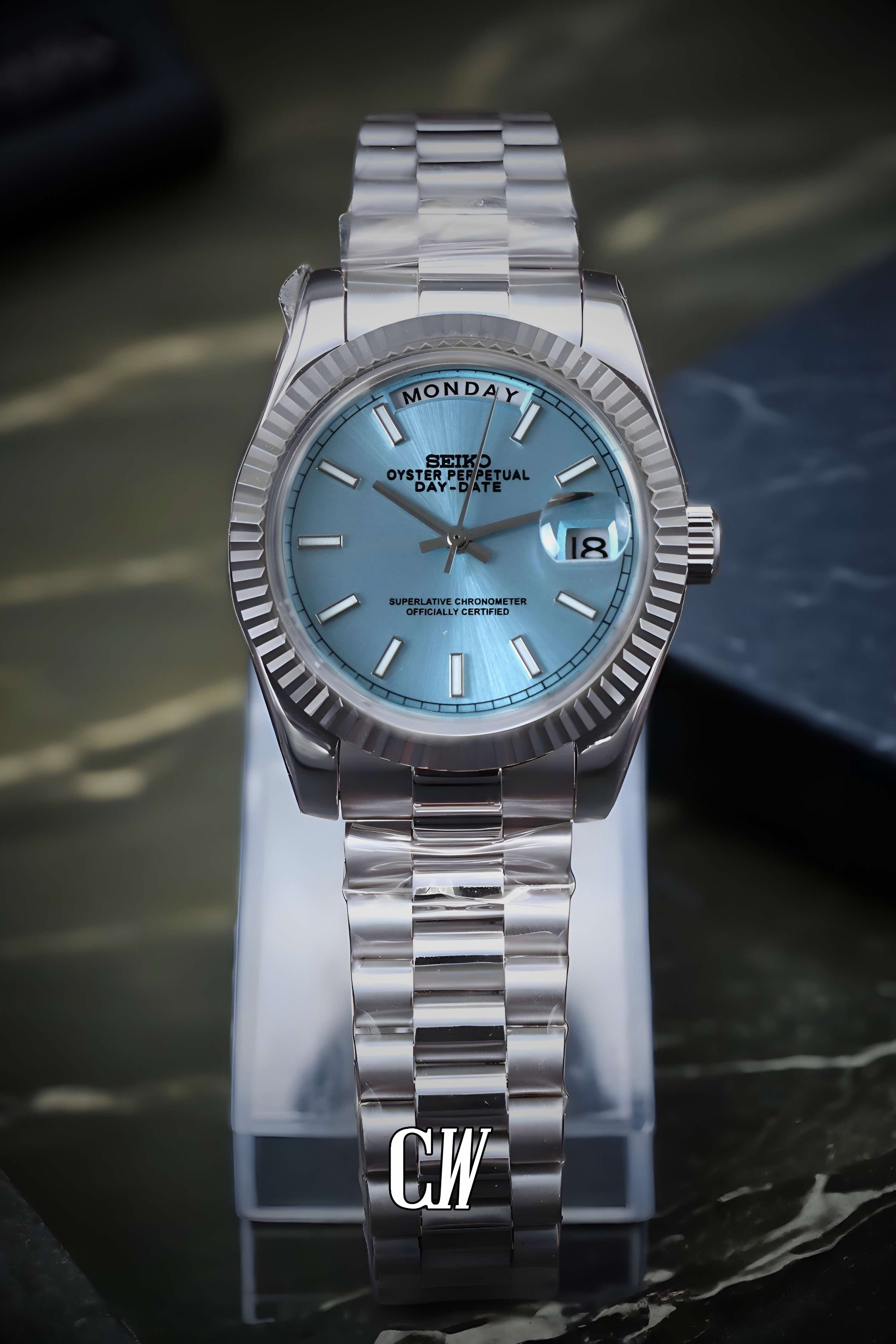 Seiko mod daydate ice blue automatic watch