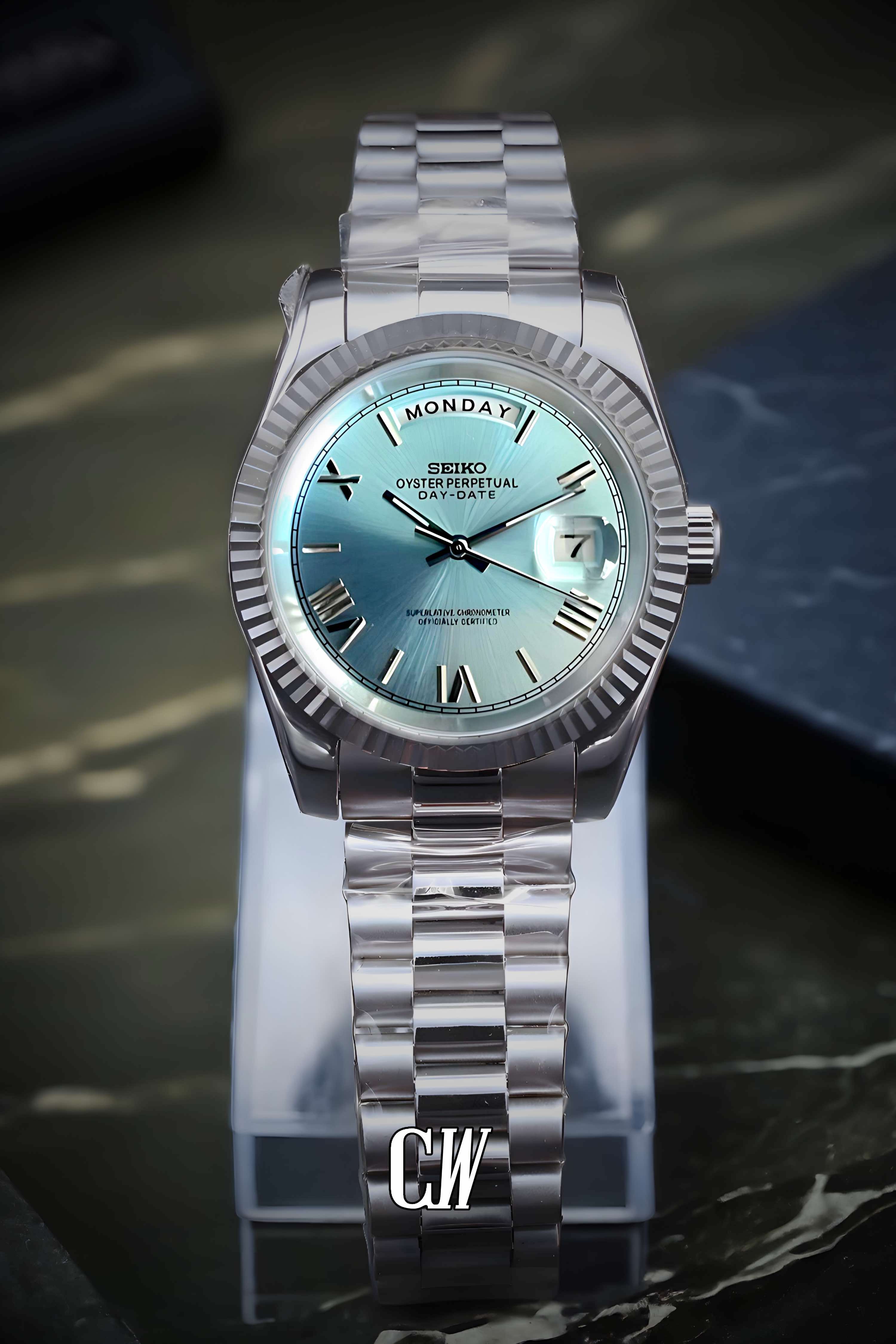 Seiko mod daydate ice blue roman numeral automatic watch