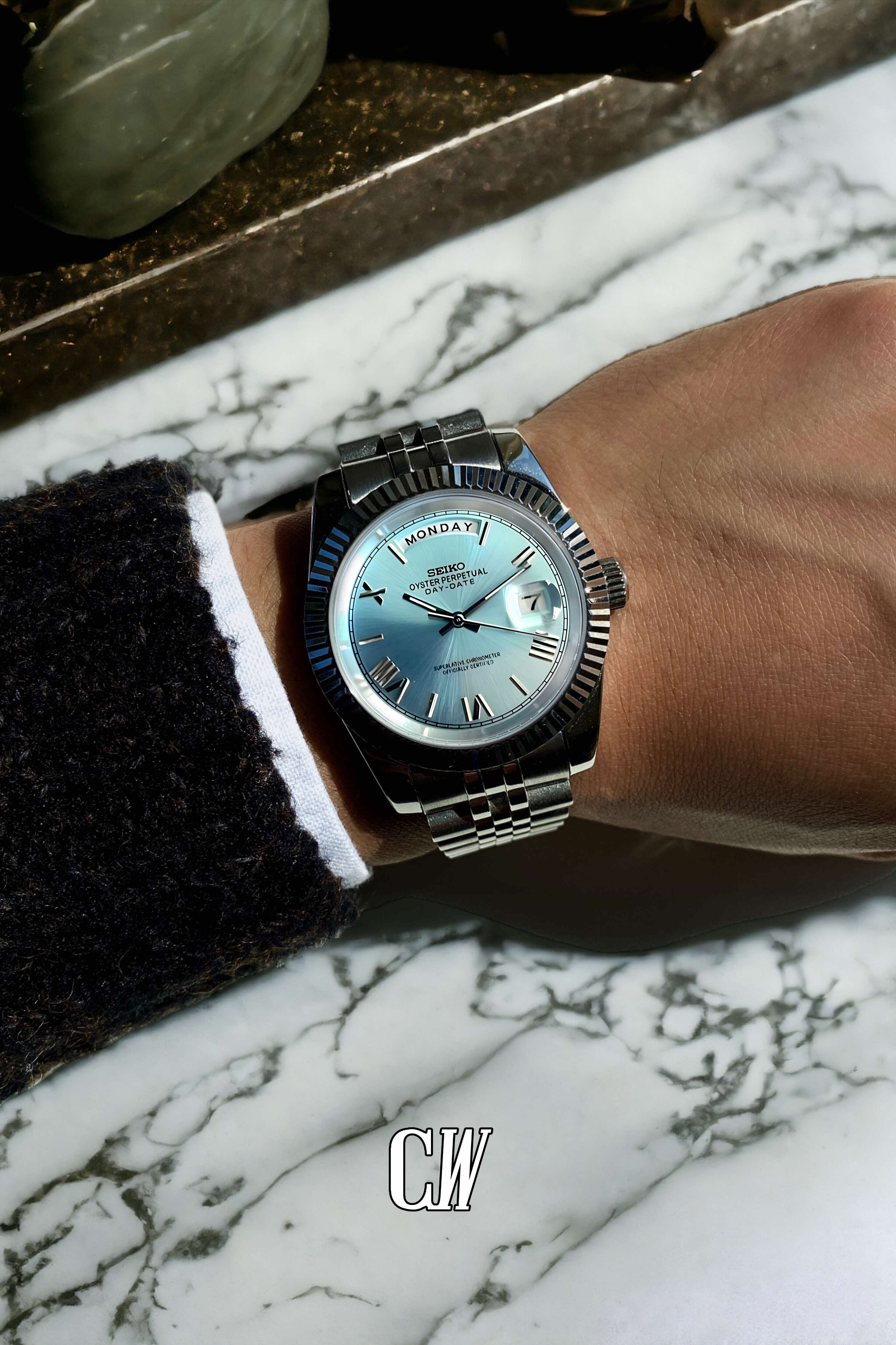 Seiko mod daydate ice blue roman numeral automatic watch