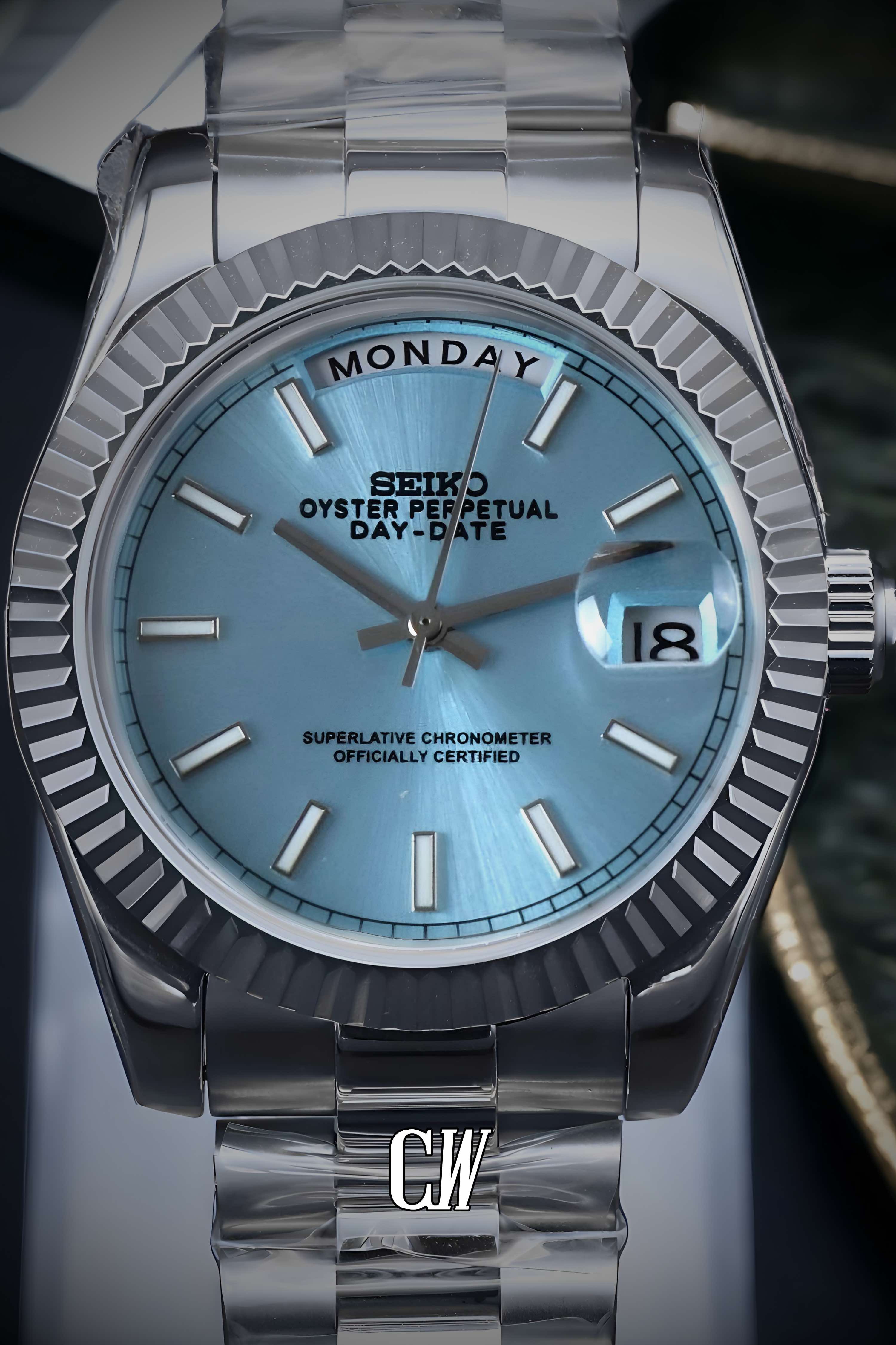 Seikojust mod daydate ice blue automatic watch - Circa Watch Labs