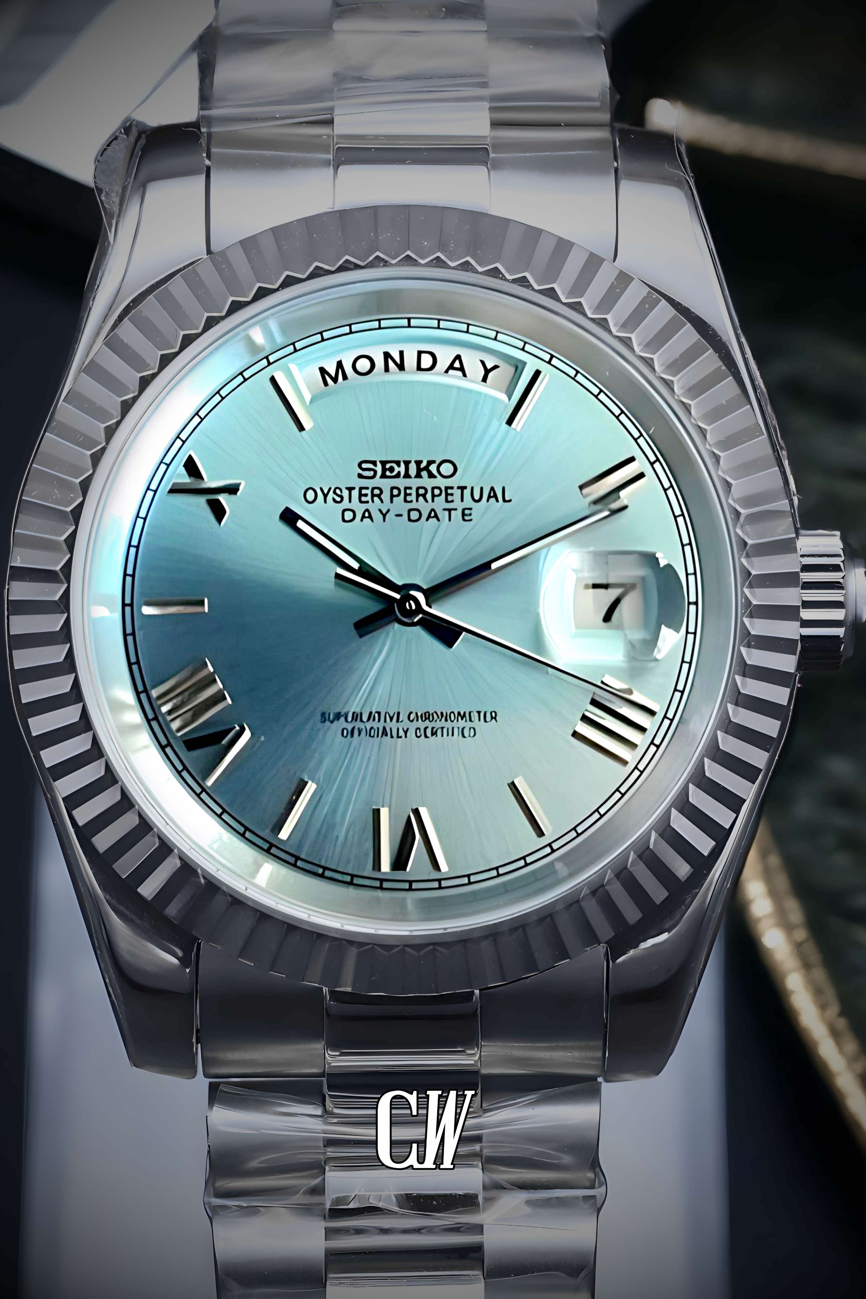 Seiko mod daydate ice blue roman numeral automatic watch
