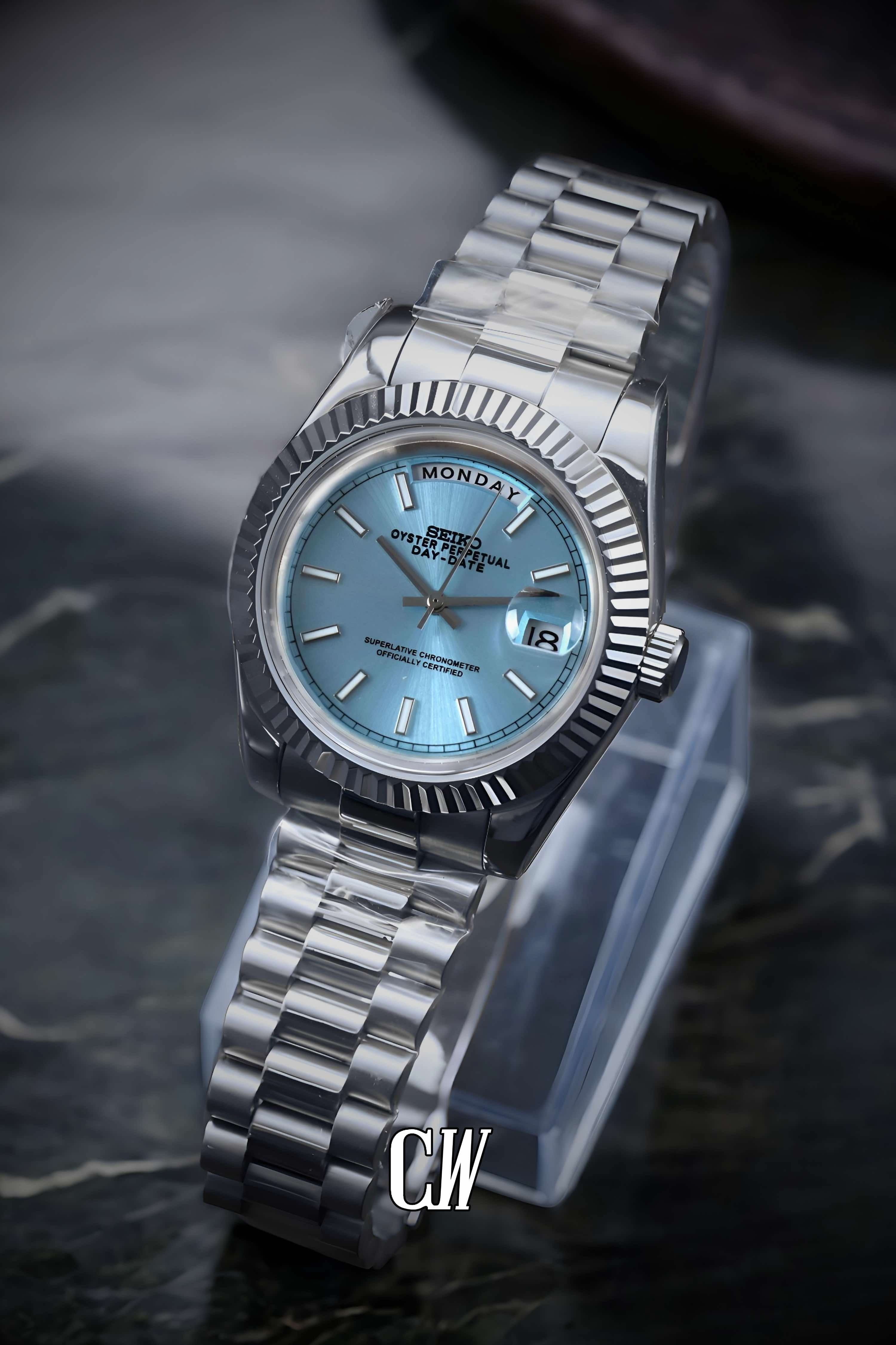 Seikojust mod daydate ice blue automatic watch - Circa Watch Labs