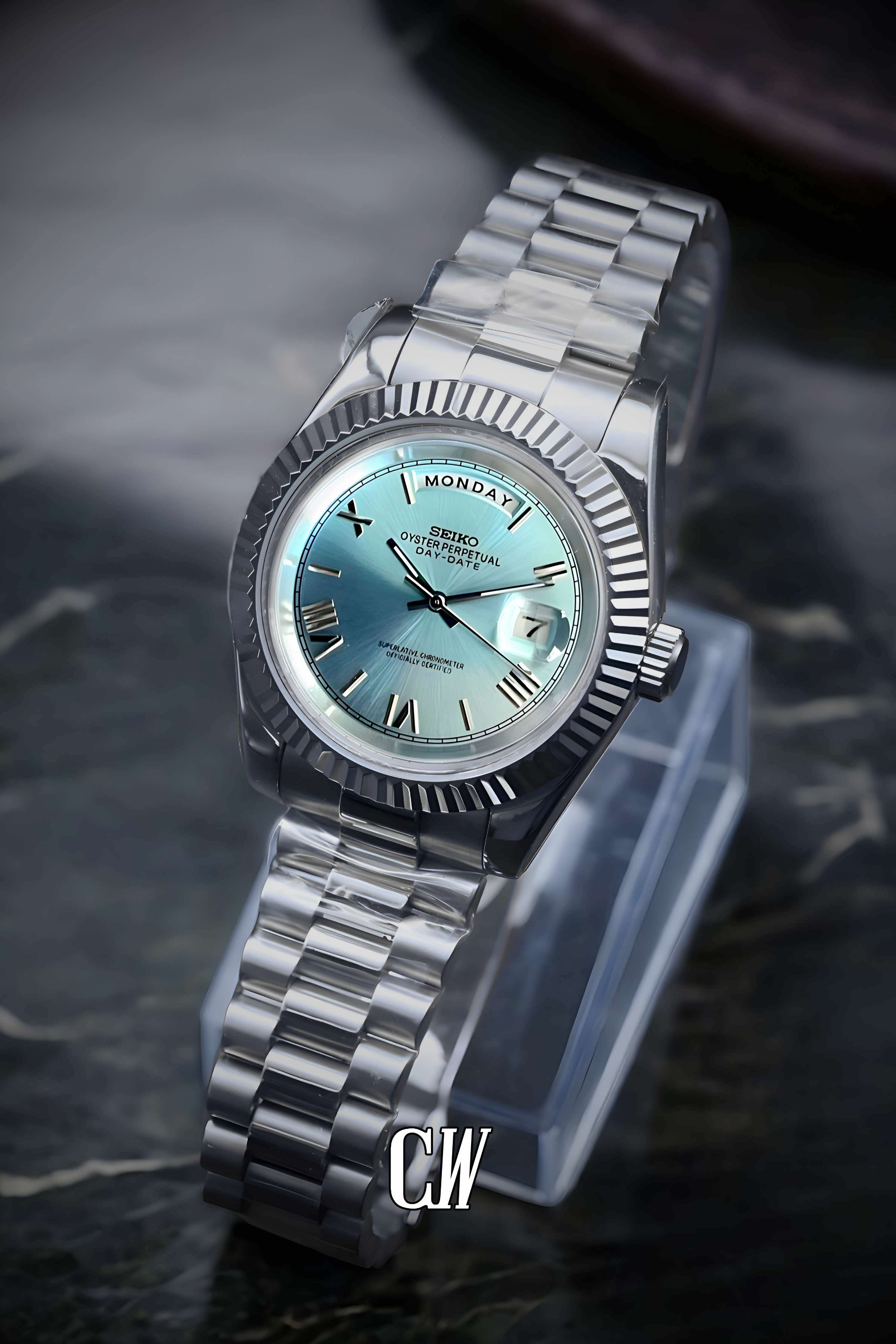 Seiko mod daydate ice blue roman numeral automatic watch