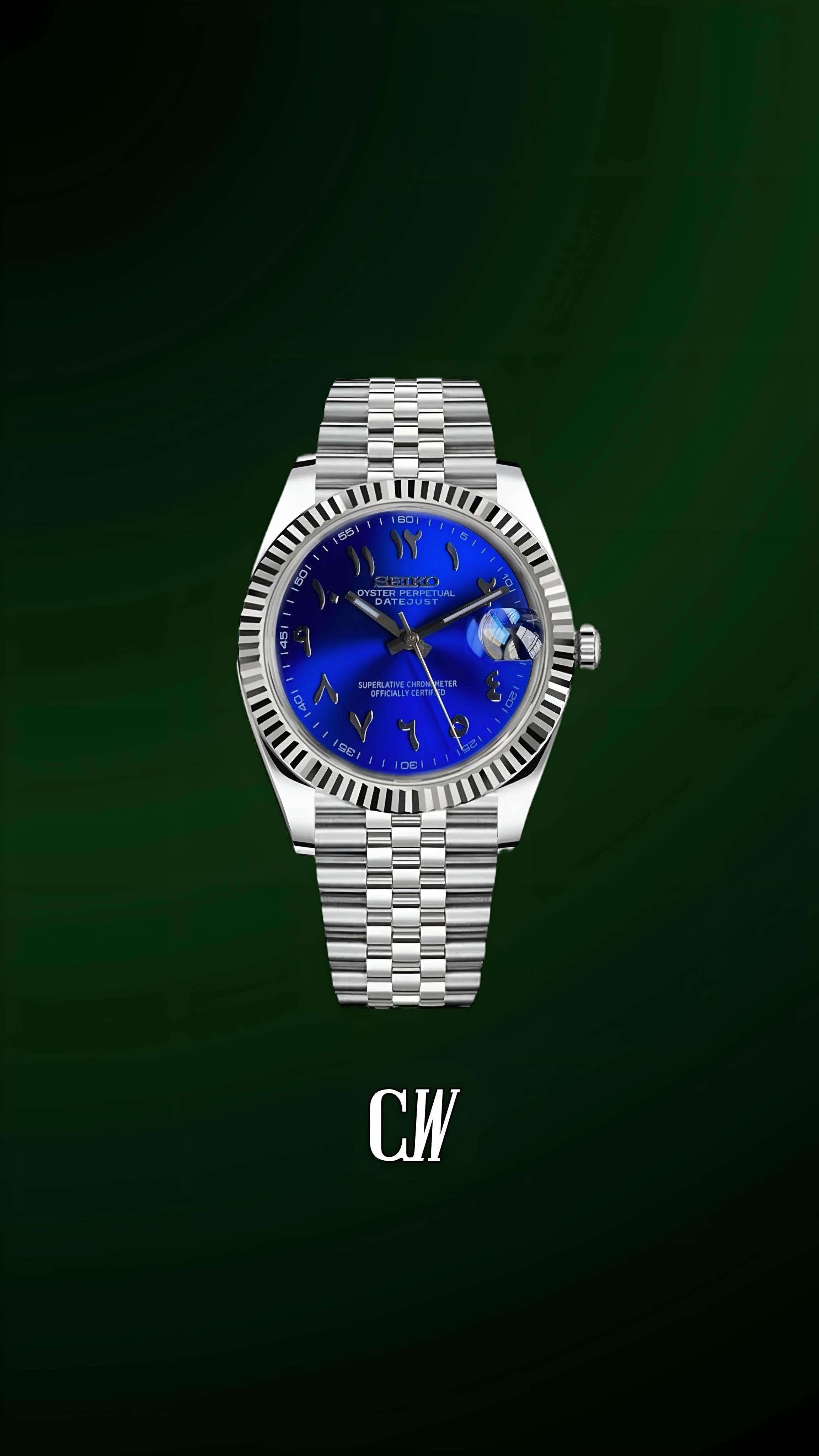 Seiko mod datejust watch 'arabic sunburst blue'