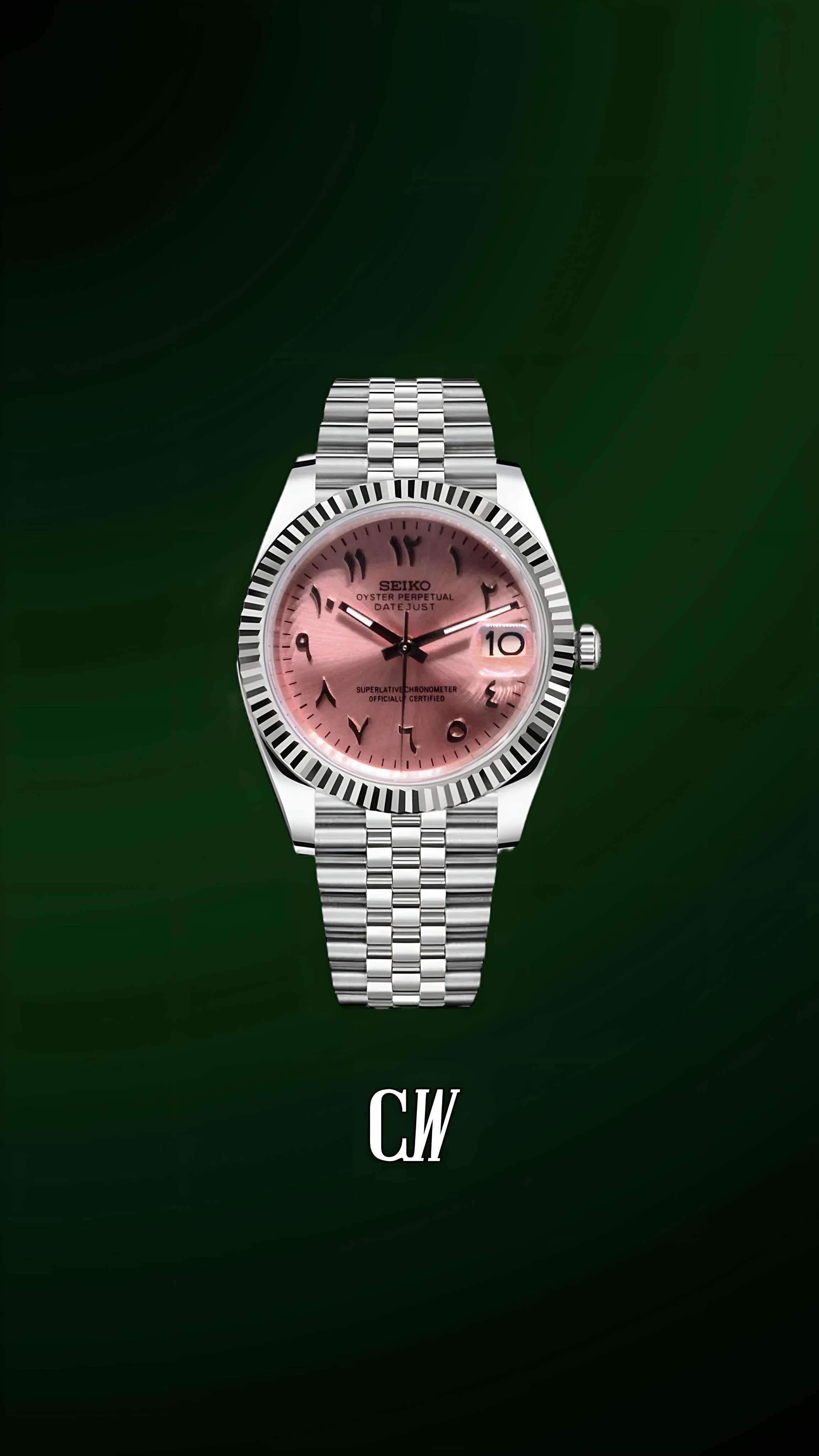 Seiko mod datejust watch 'arabic sunburst pink'