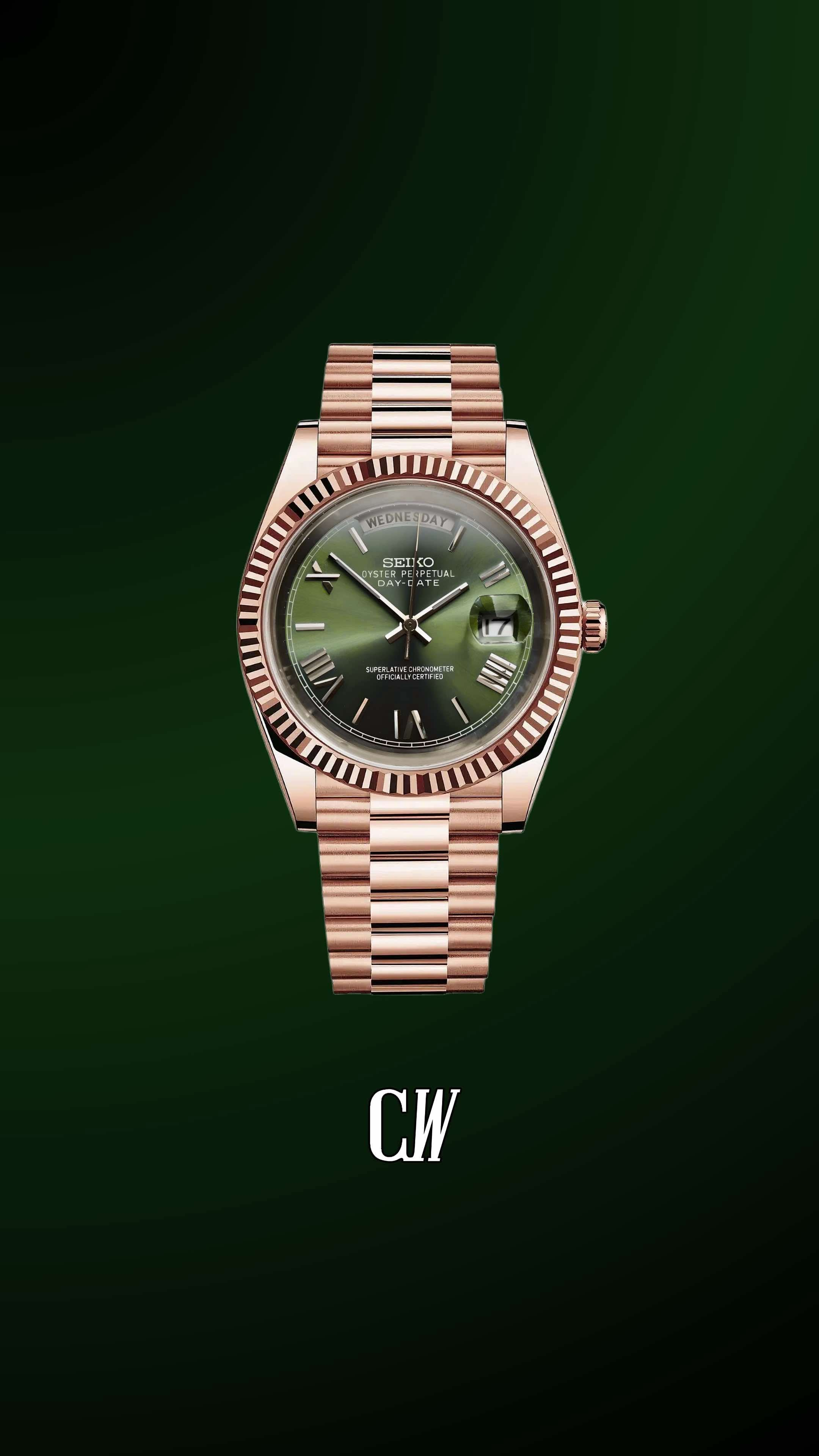 Seiko mod daydate green rose gold automatic watch