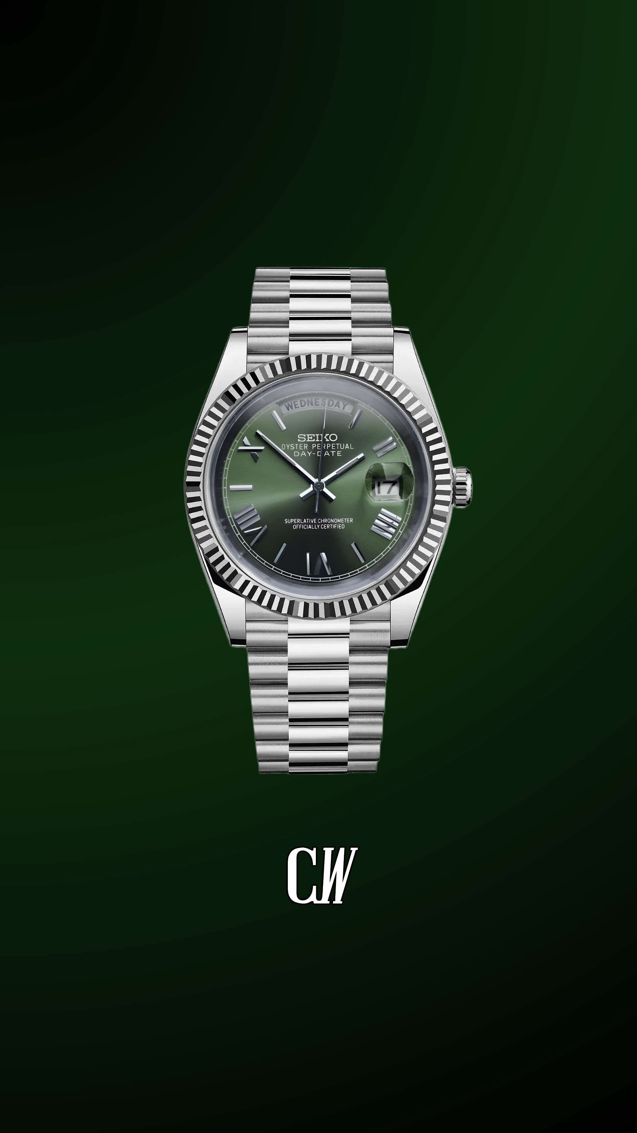 Seiko mod daydate olive green automatic watch