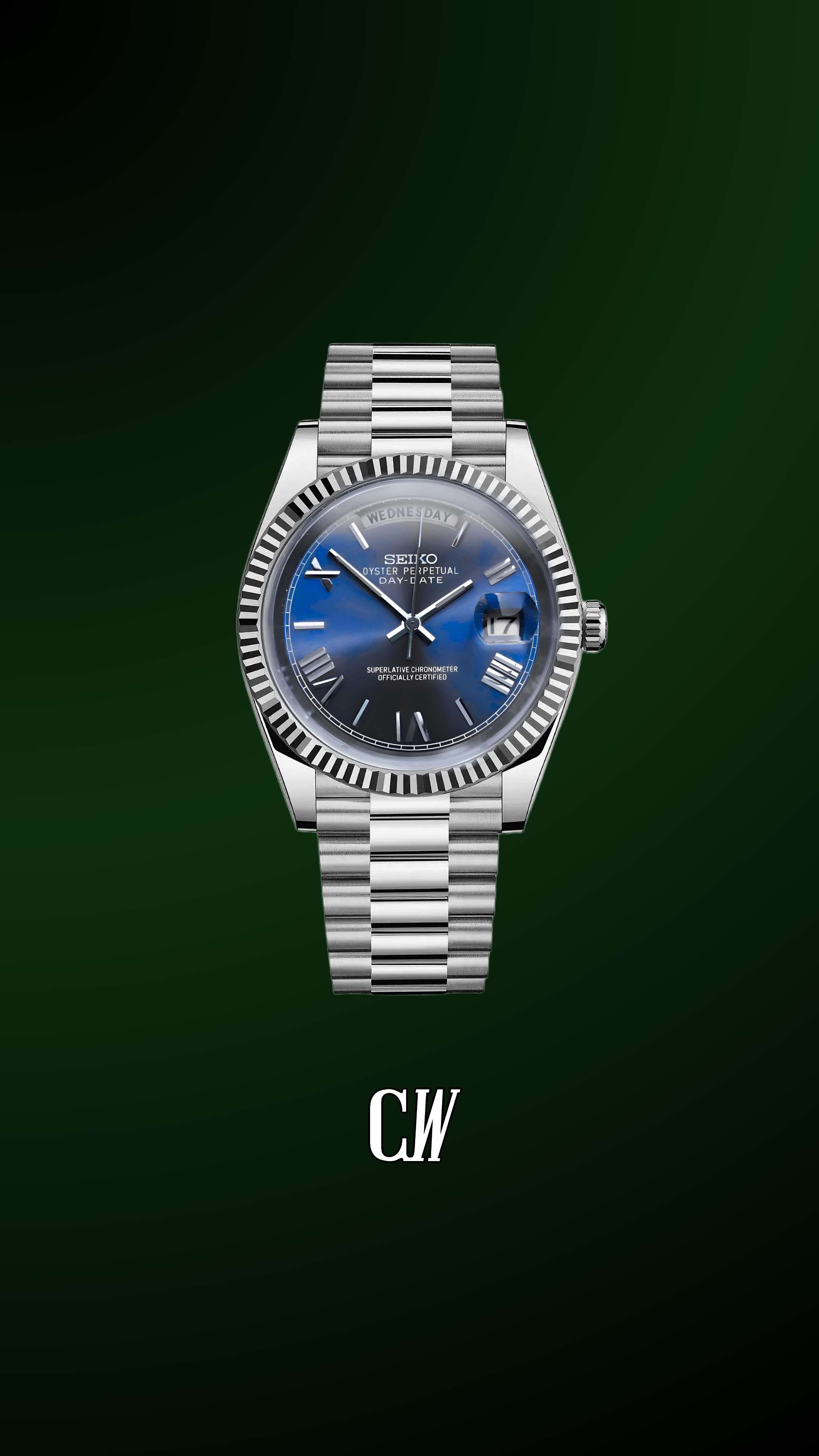 Seiko mod daydate blue automatic watch