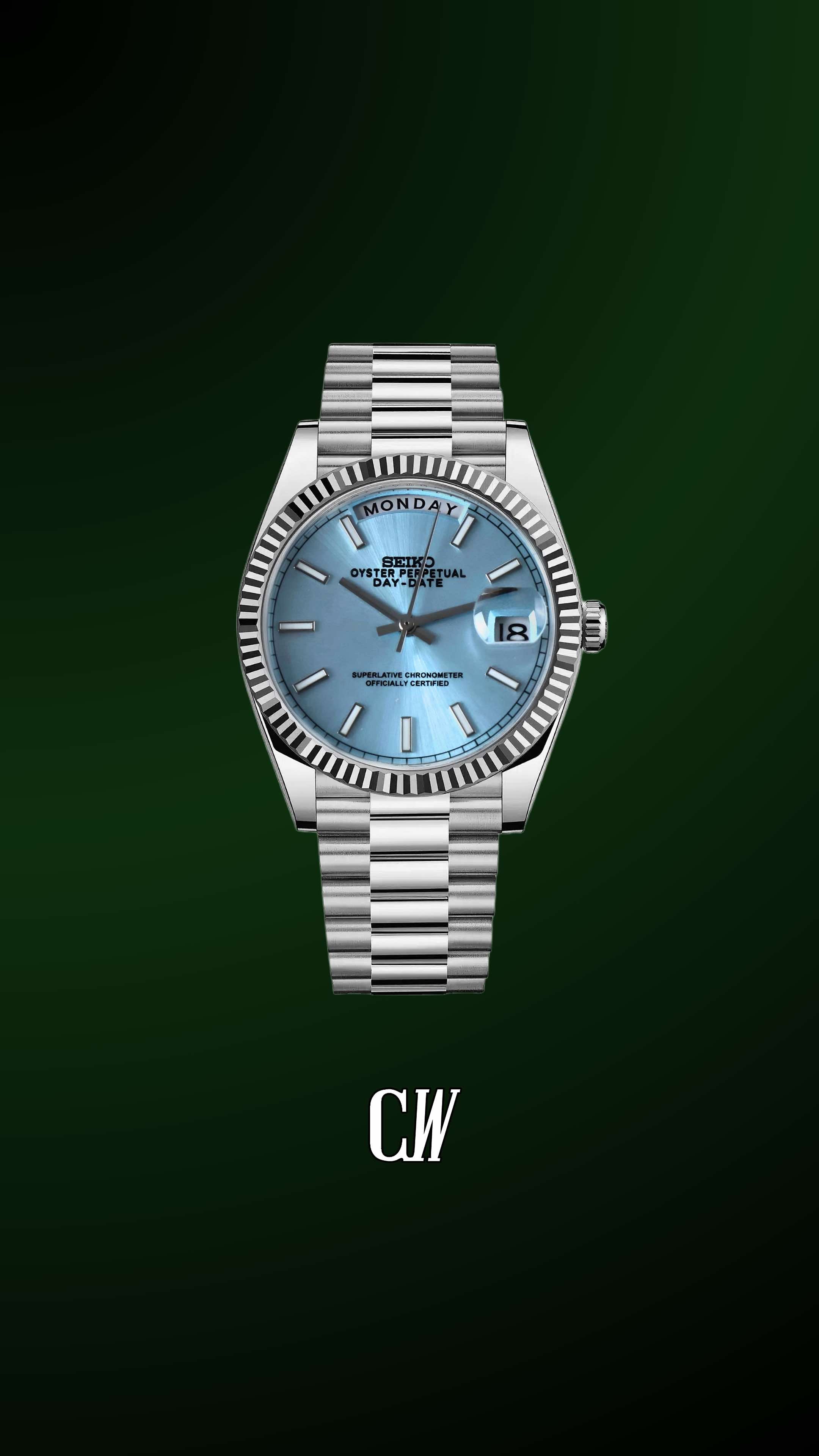 Seiko mod daydate ice blue automatic watch