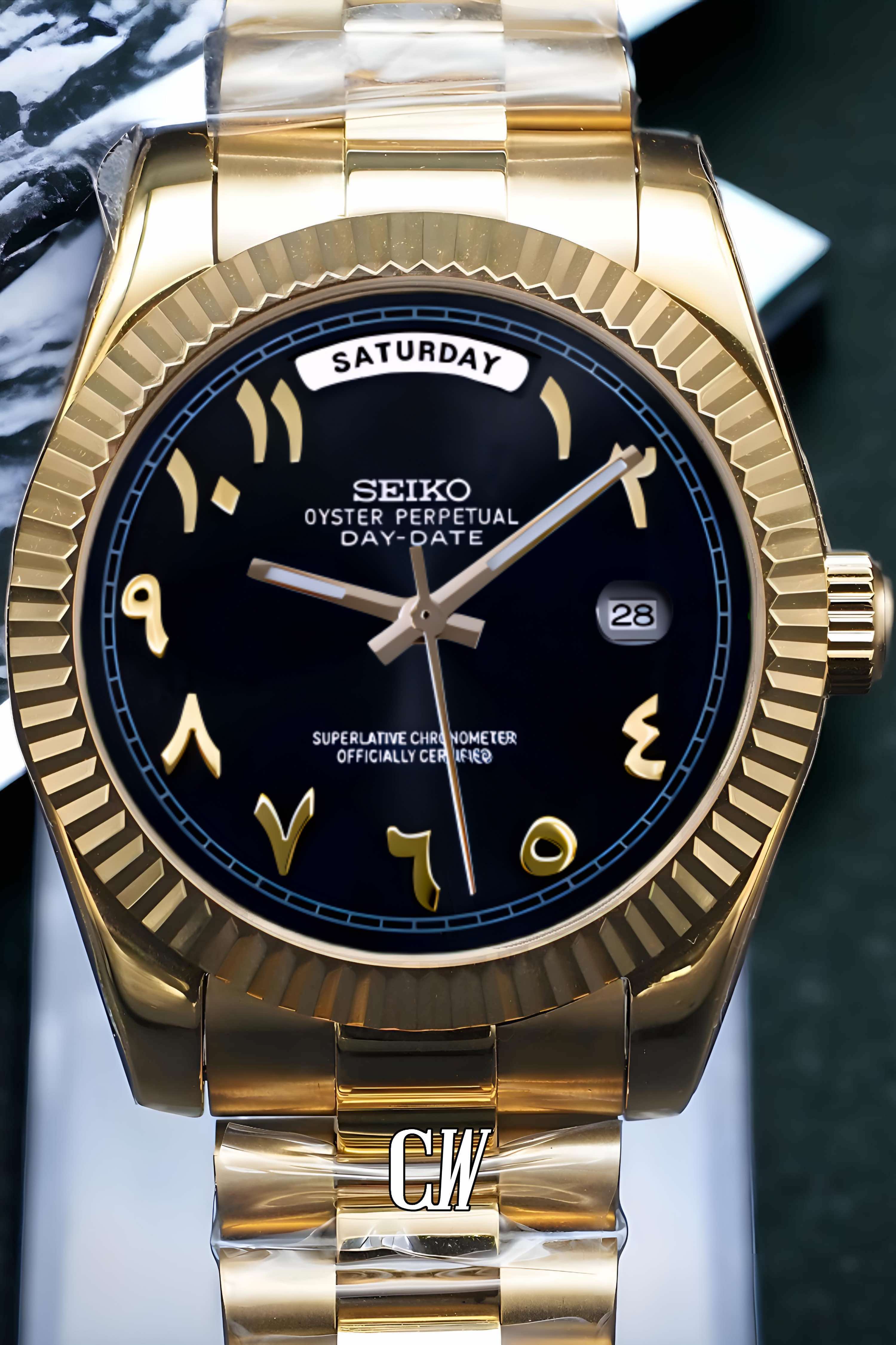 Seikojust mod daydate black gold arabic automatic watch