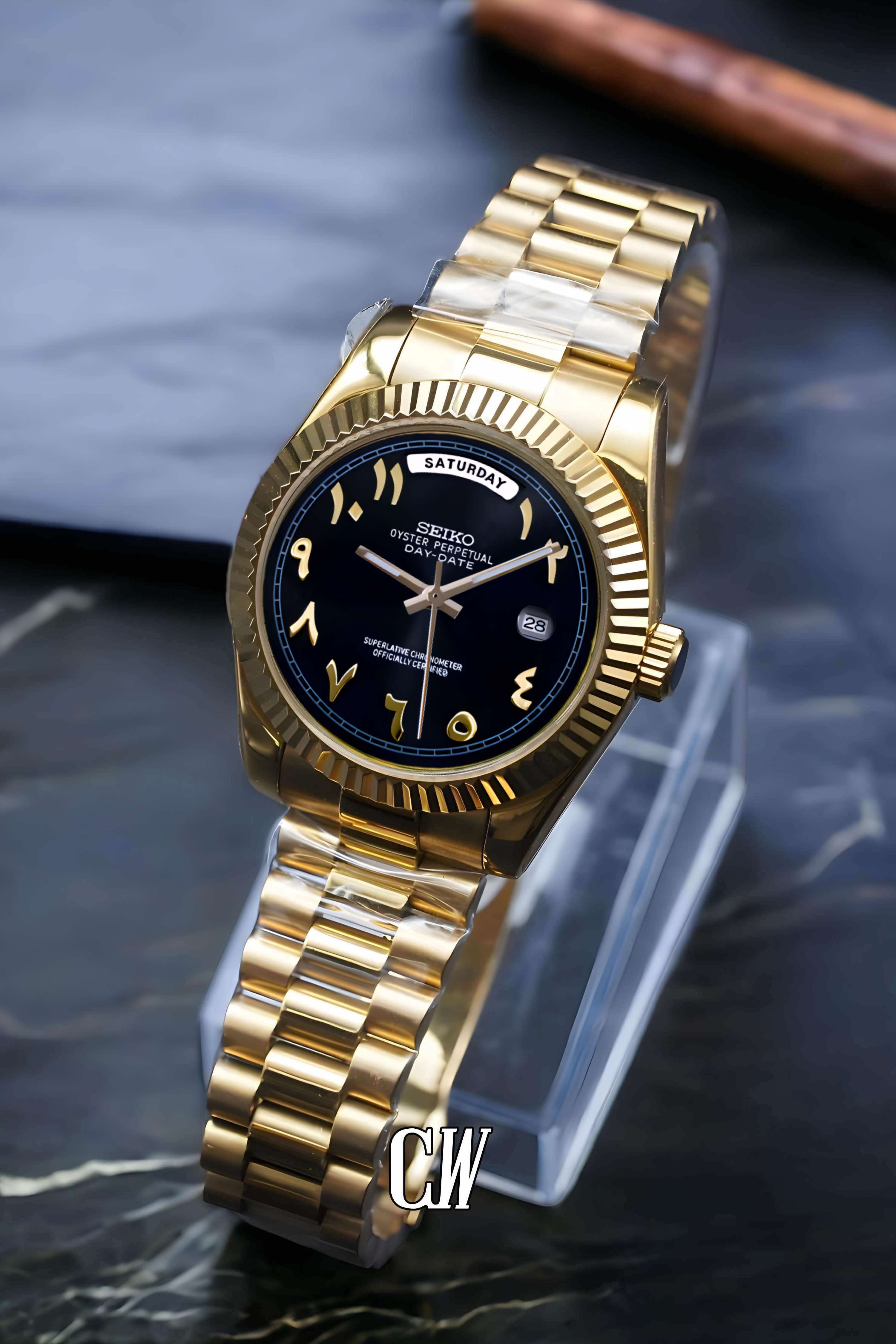 Seikojust mod daydate black gold arabic automatic watch