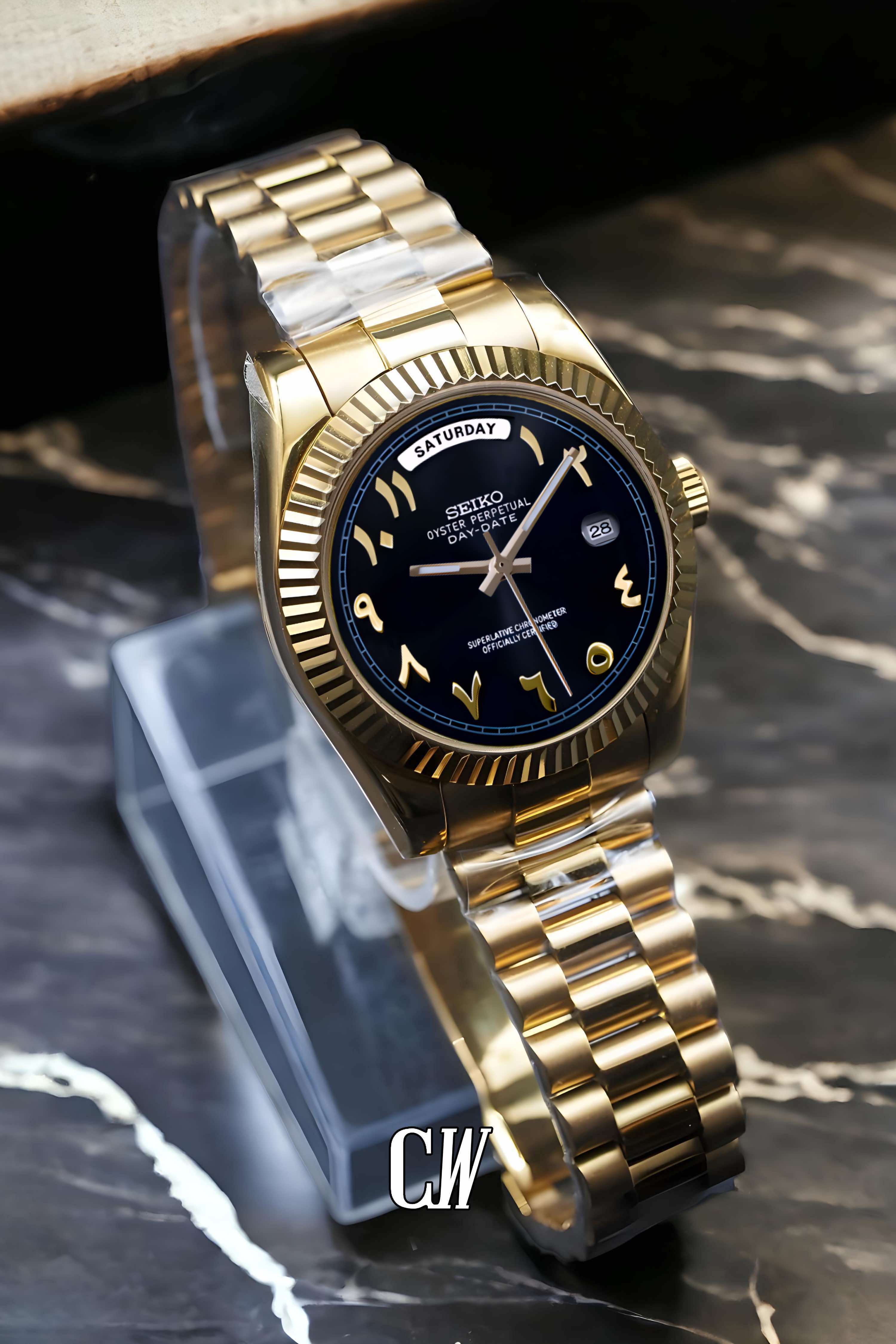 Seikojust mod daydate black gold arabic automatic watch