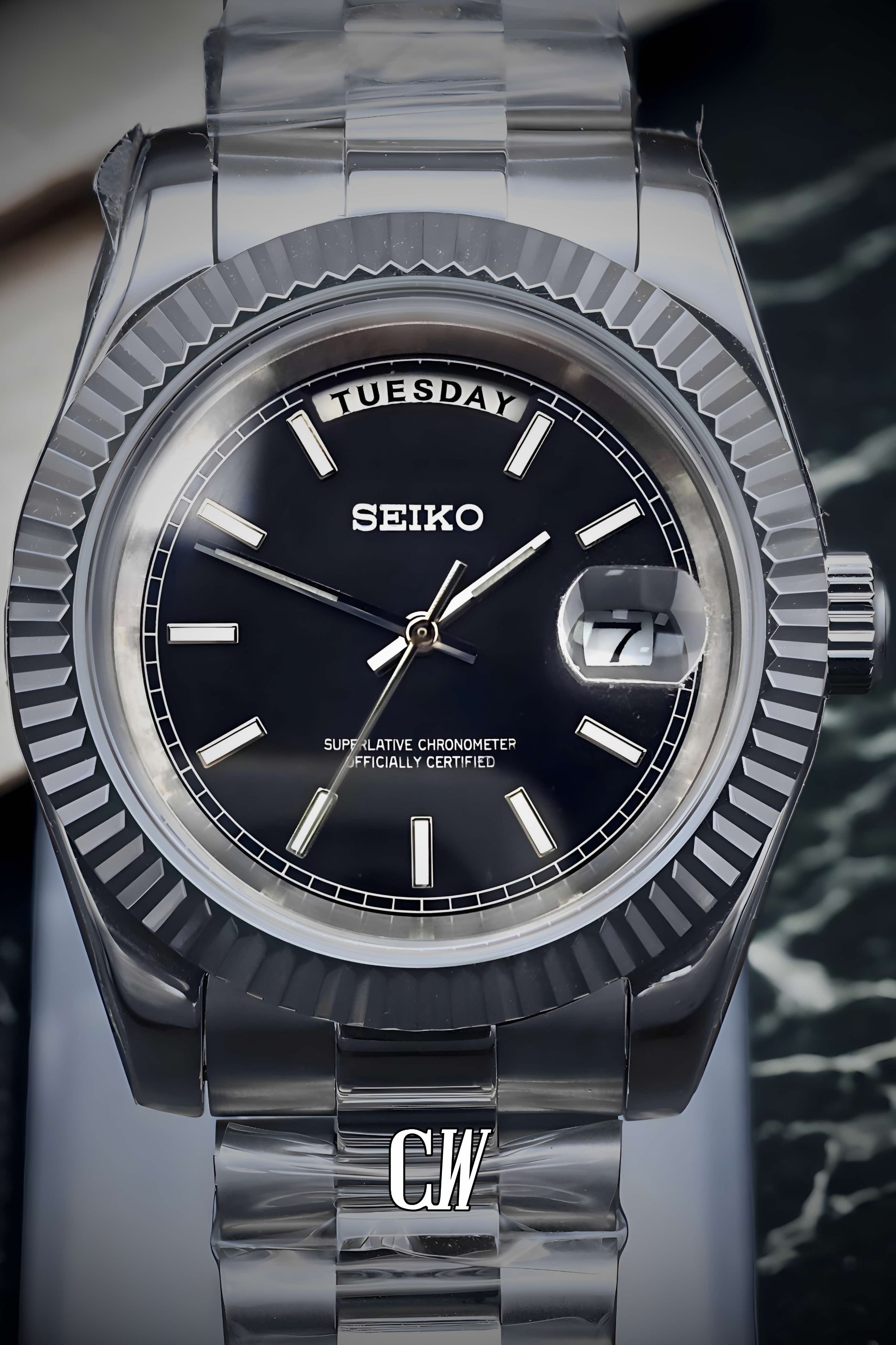 Seikojust mod daydate black automatic watch - Circa Watch Labs