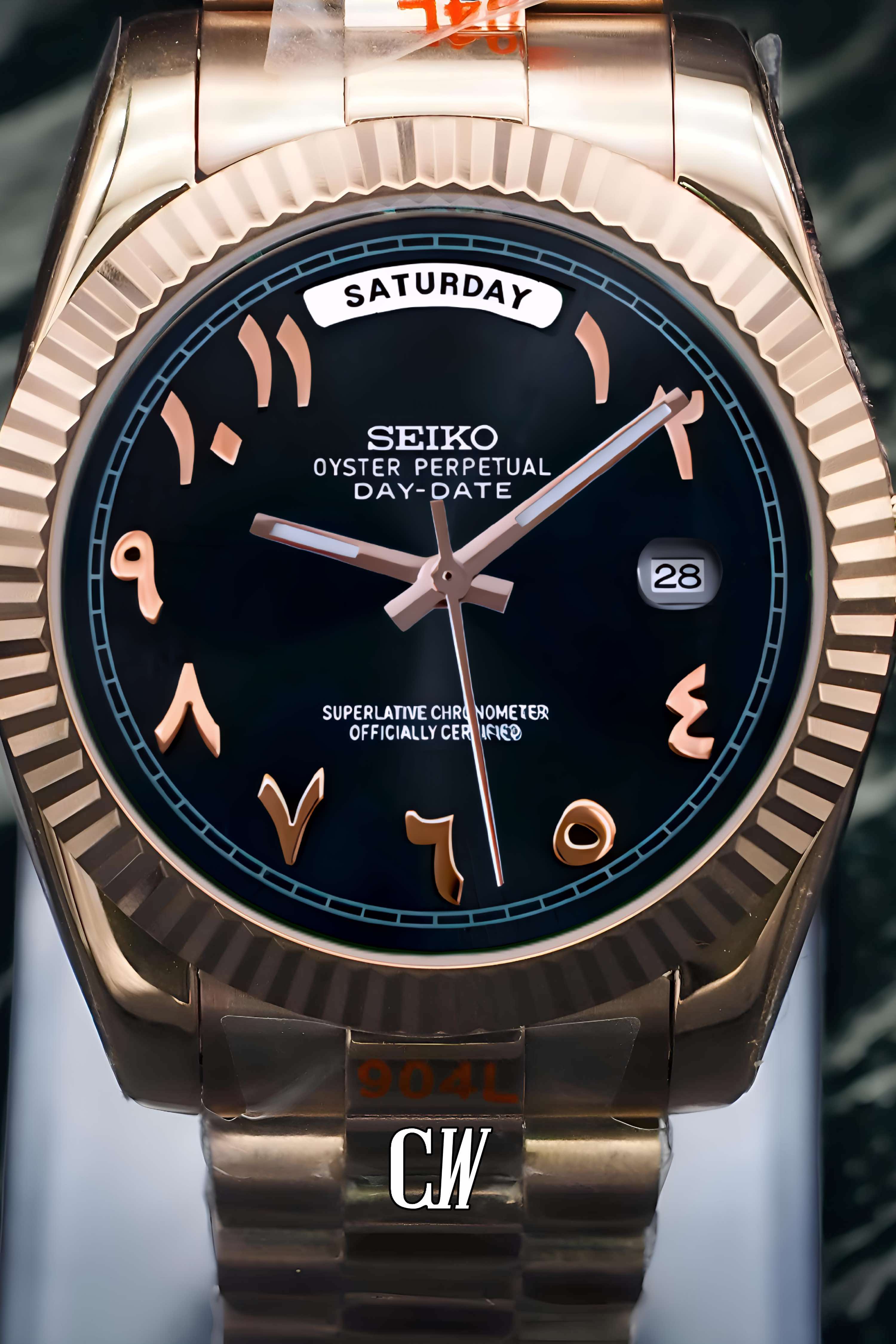 Seikojust mod daydate black rose gold arabic automatic watch