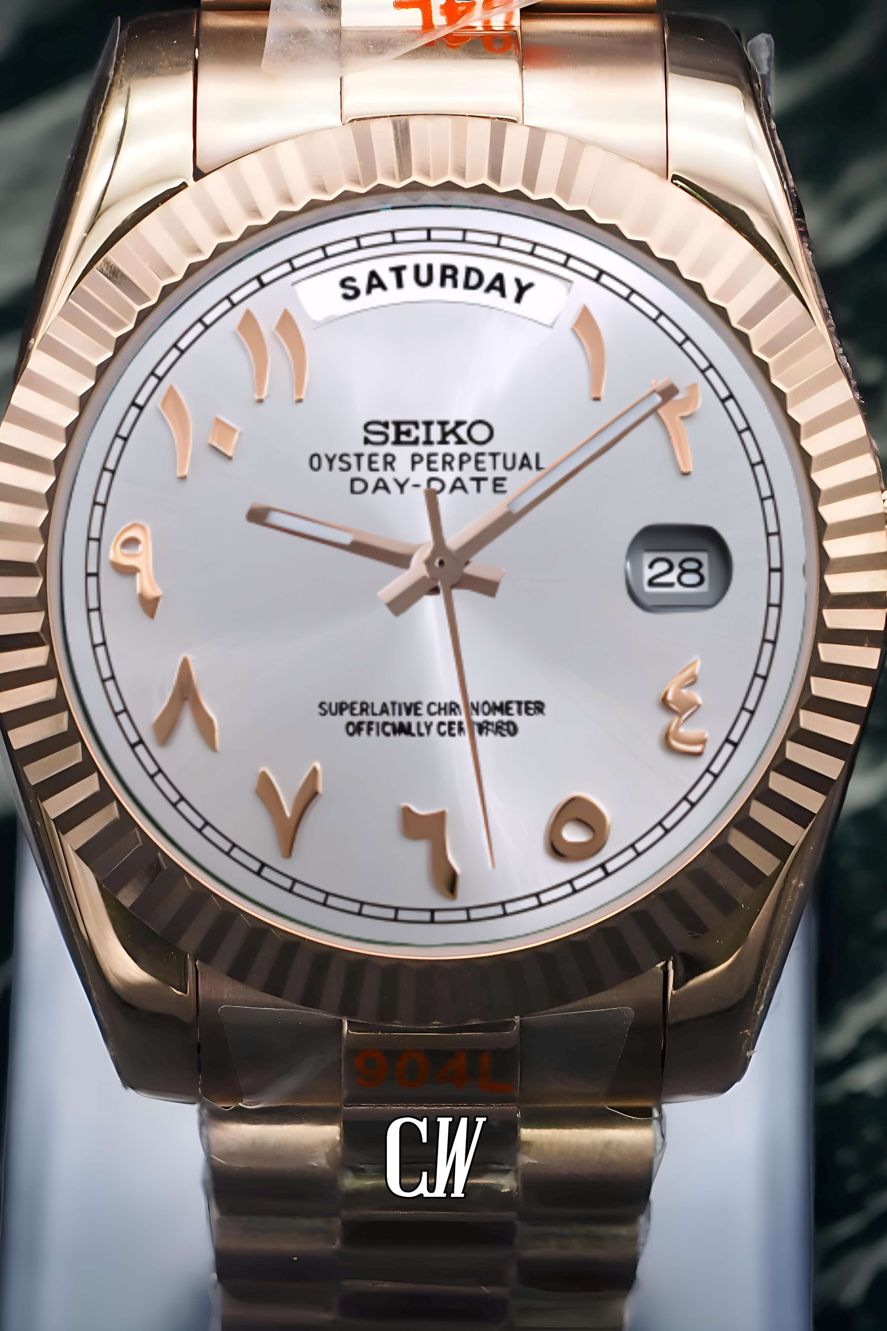 Seikojust mod daydate white rose gold arabic automatic watch