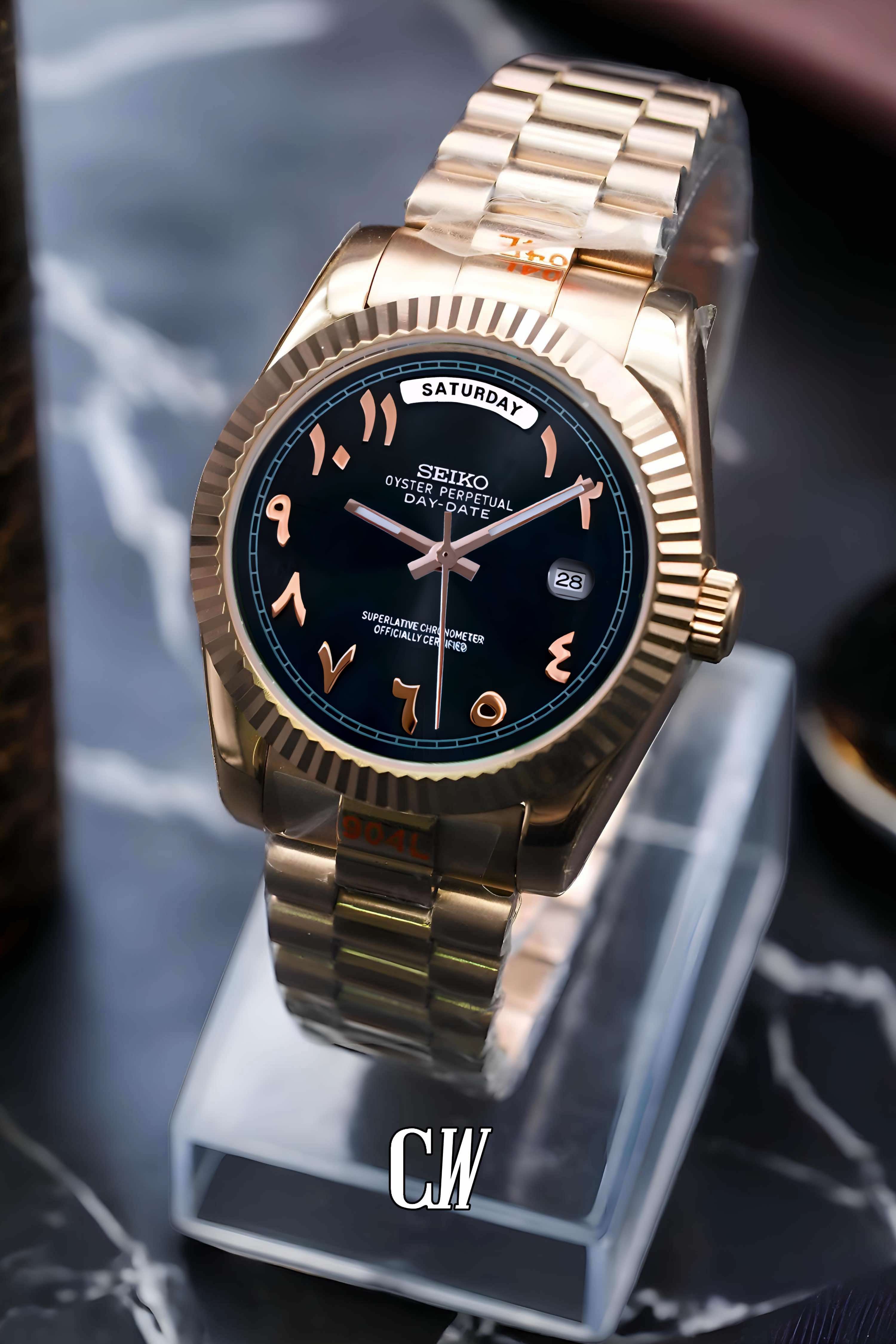 Seikojust mod daydate black rose gold arabic automatic watch