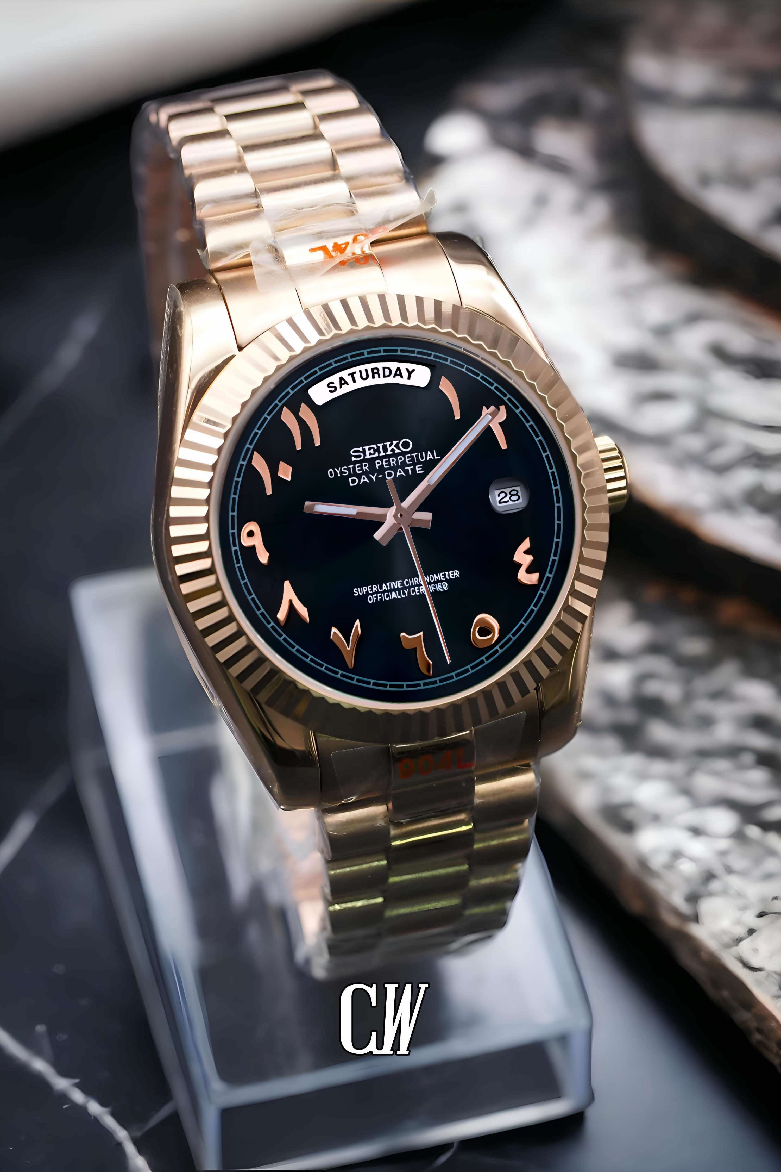 Seikojust mod daydate black rose gold arabic automatic watch