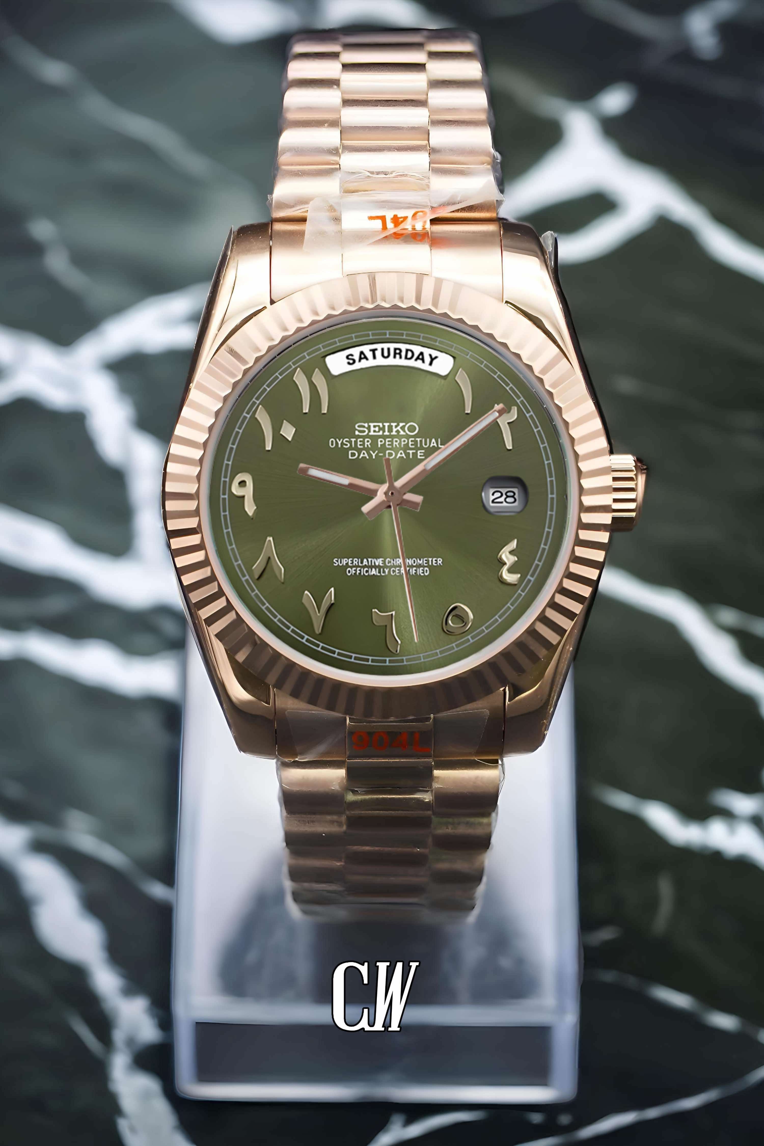 Seikojust mod daydate olive green rose gold arabic automatic watch