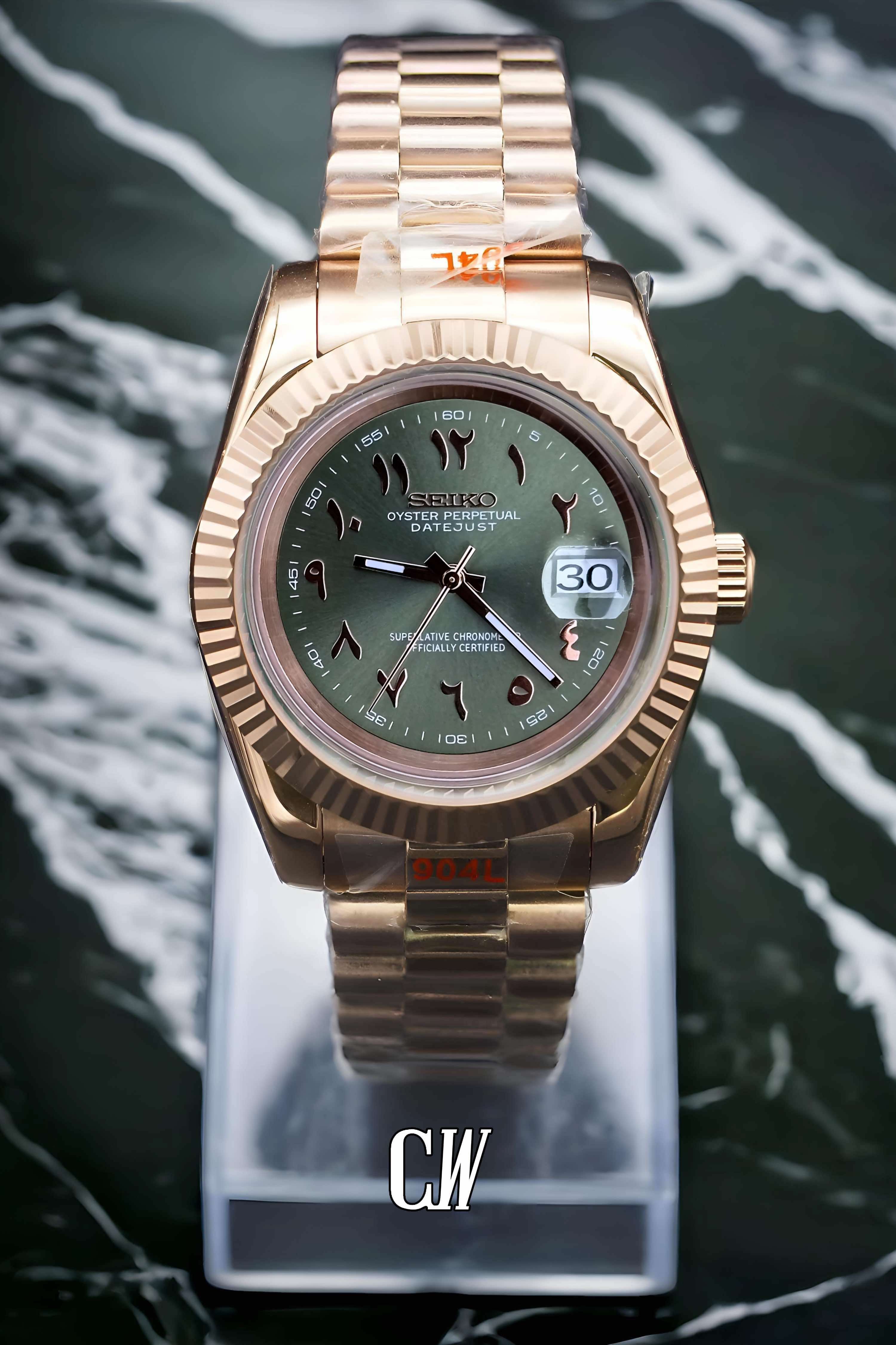 Seikojust mod watch rose gold 'arabic olive green'