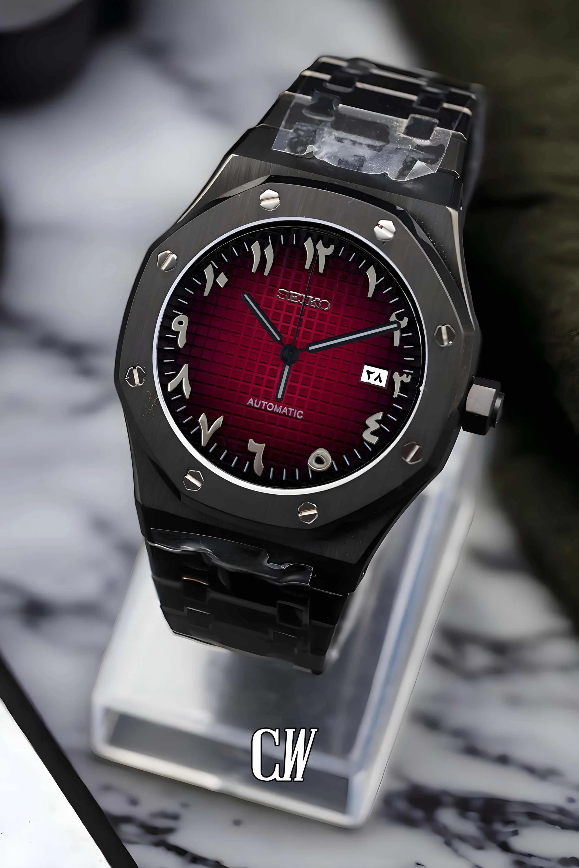 Mod Royal Seikoak automatic watch 'red black' arabic - Circa Watch Labs