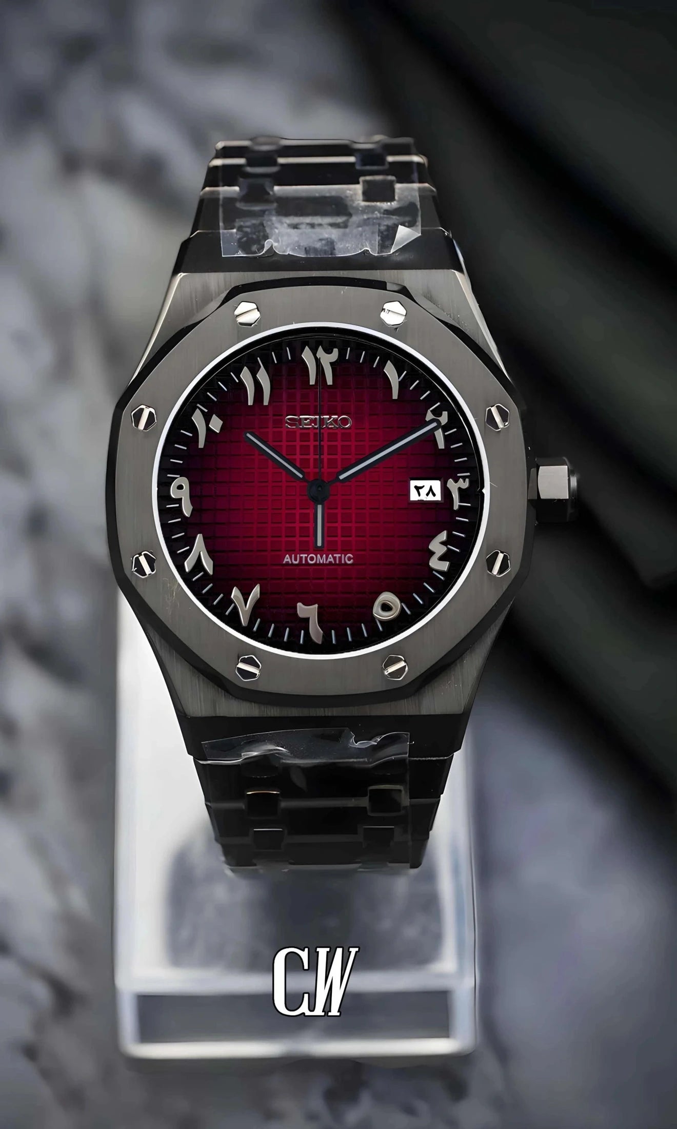 Mod Royal Seikoak automatic watch 'red black' arabic - Circa Watch Labs