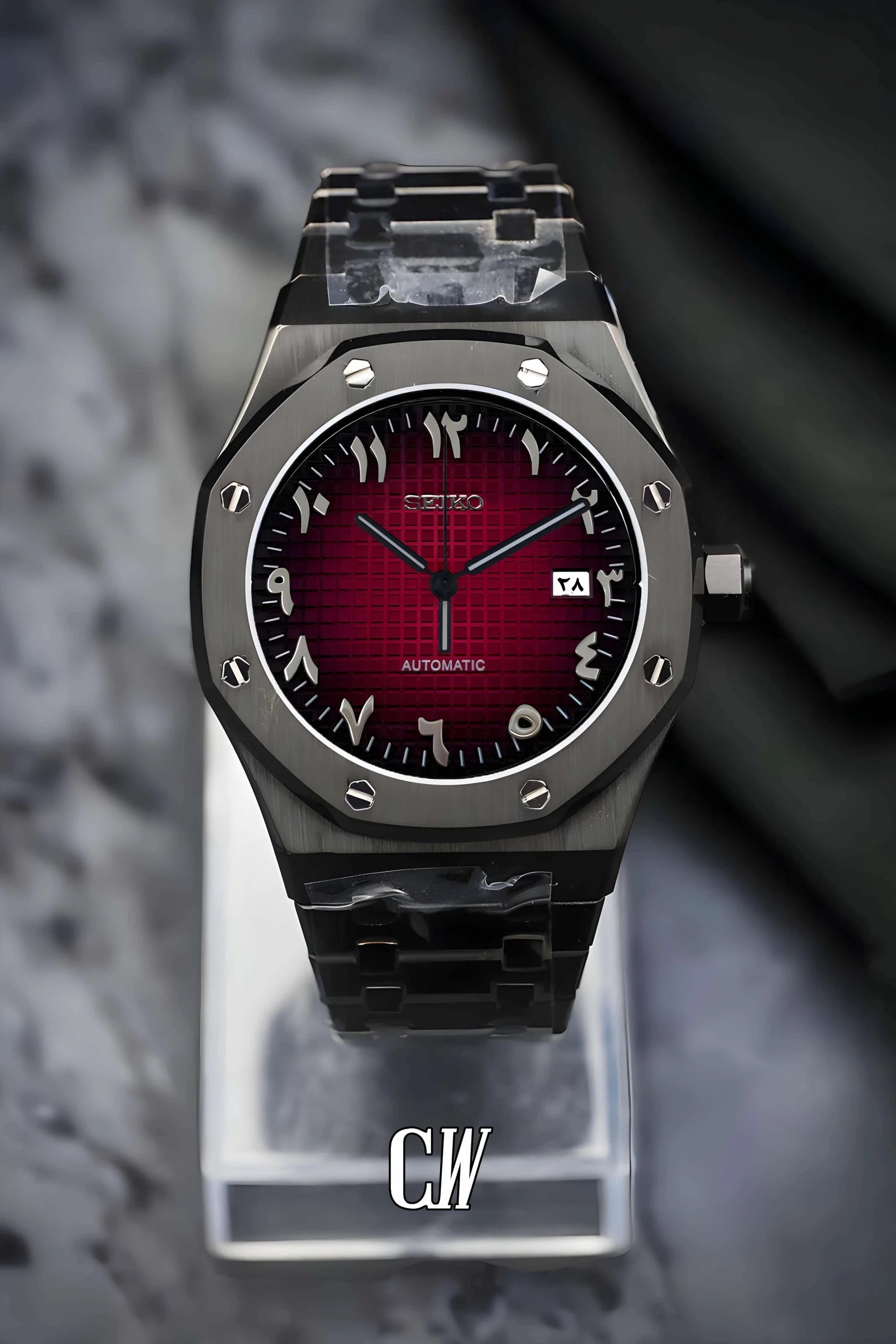 Mod Royal Seikoak automatic watch 'red black' arabic - Circa Watch Labs
