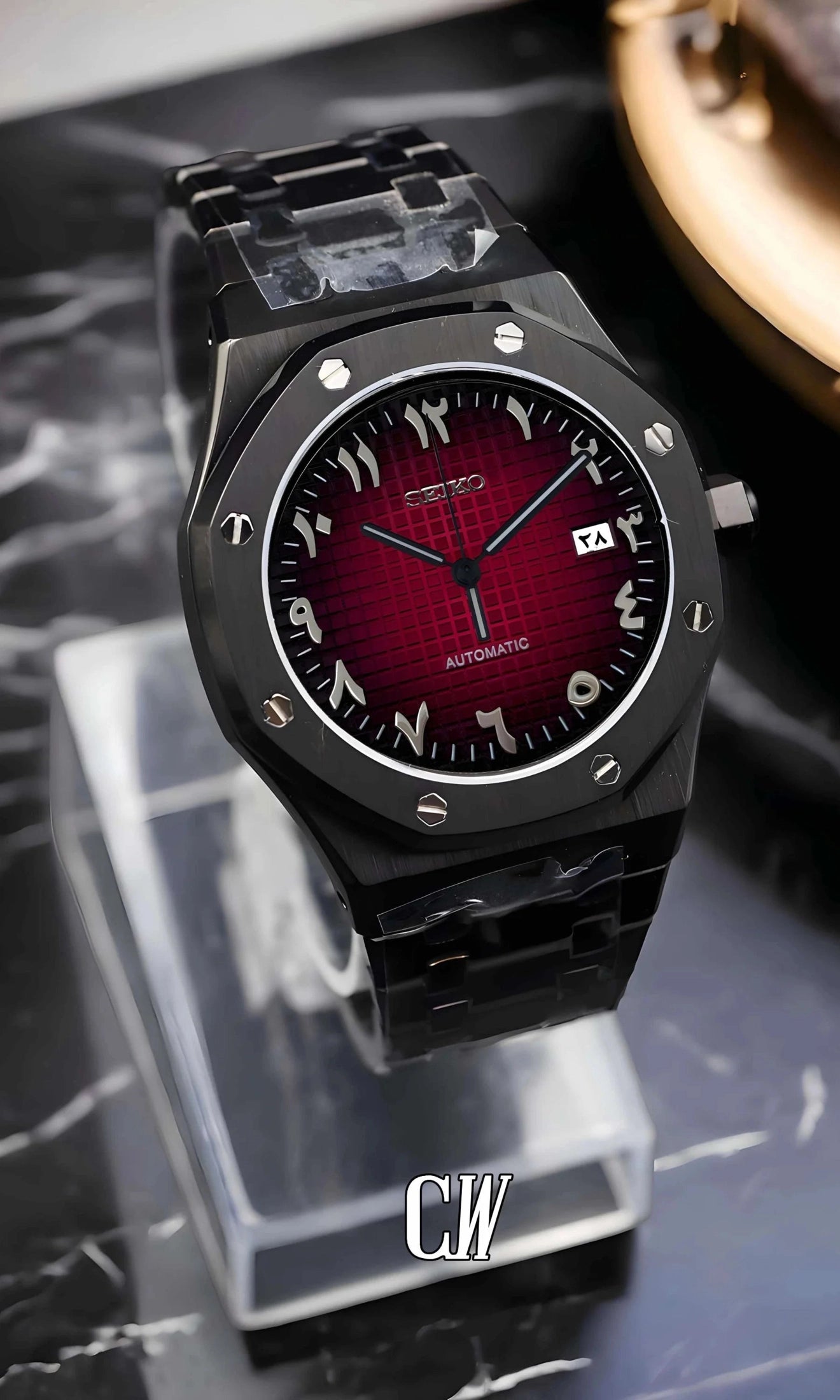 Mod Royal Seikoak automatic watch 'red black' arabic - Circa Watch Labs