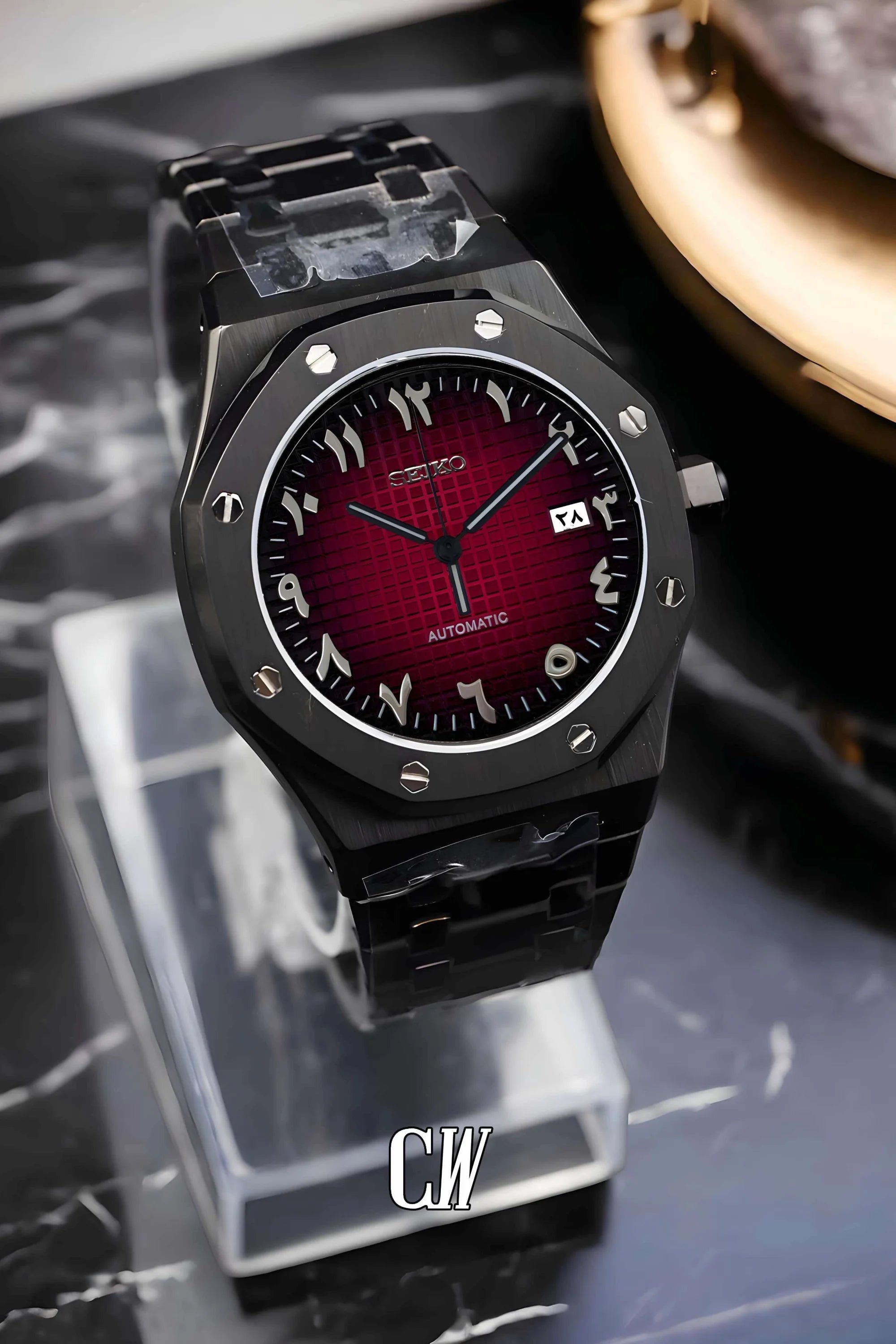 Mod Royal Seikoak automatic watch 'red black' arabic - Circa Watch Labs