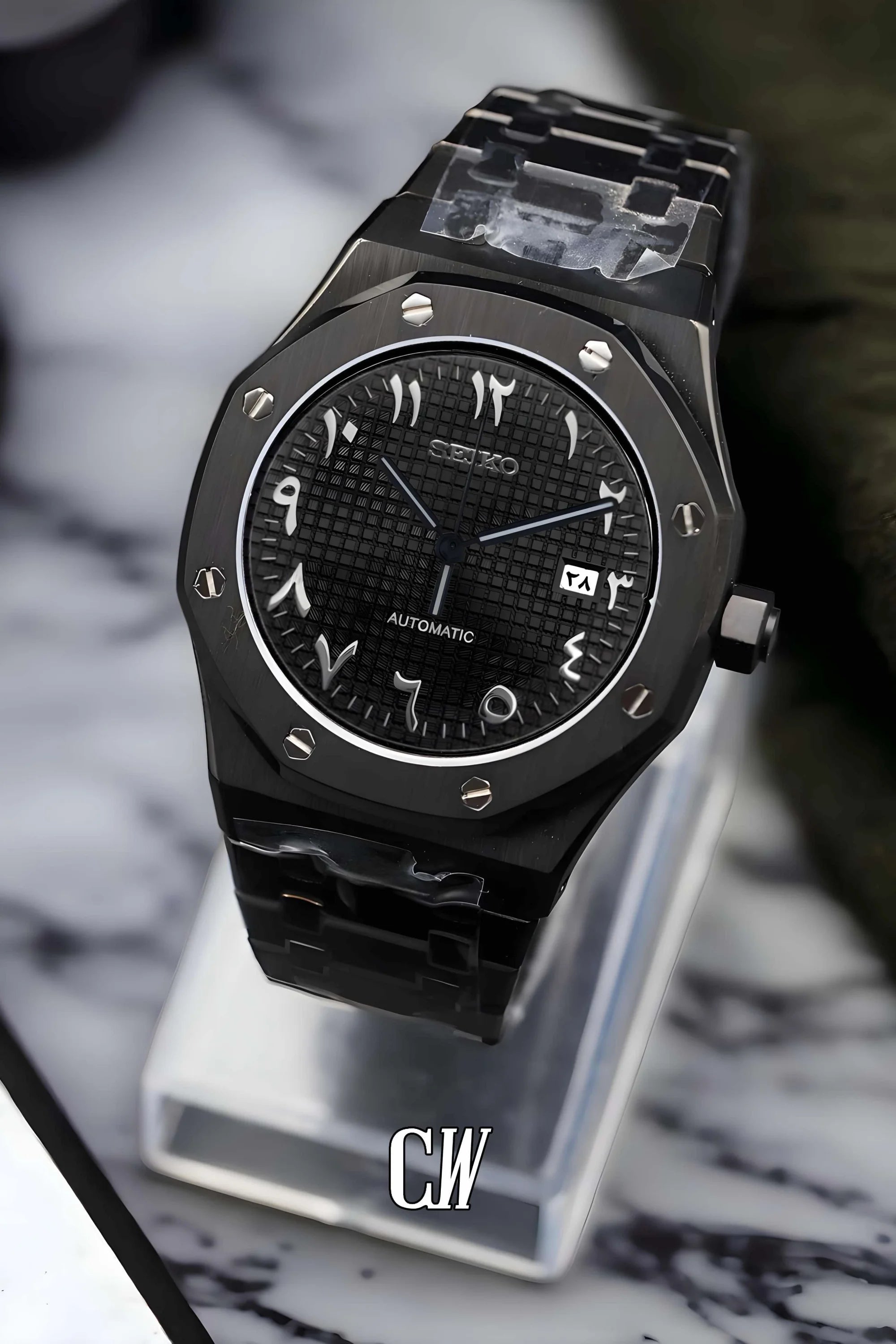 Mod Royal Seikoak automatic watch 'triple black' arabic - Circa Watch Labs