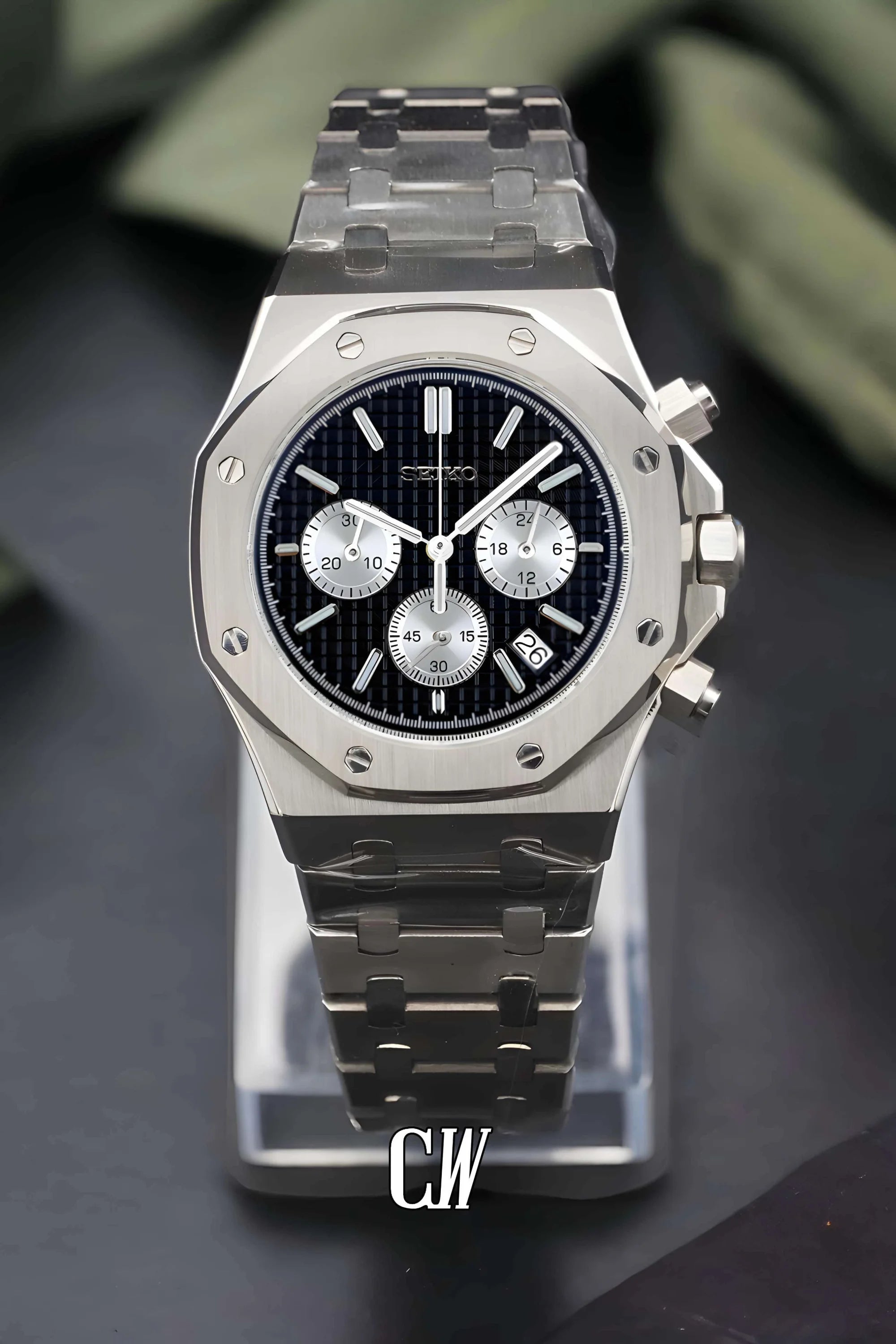 Mod Royal Seikoak chronograph black silver watch - Circa Watch Labs