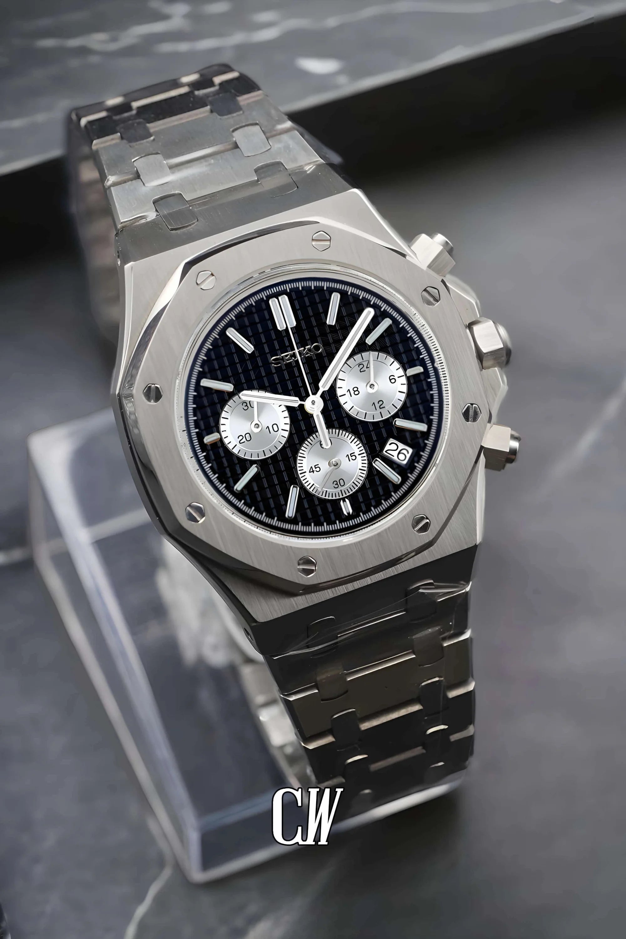 Mod Royal Seikoak chronograph black silver watch - Circa Watch Labs