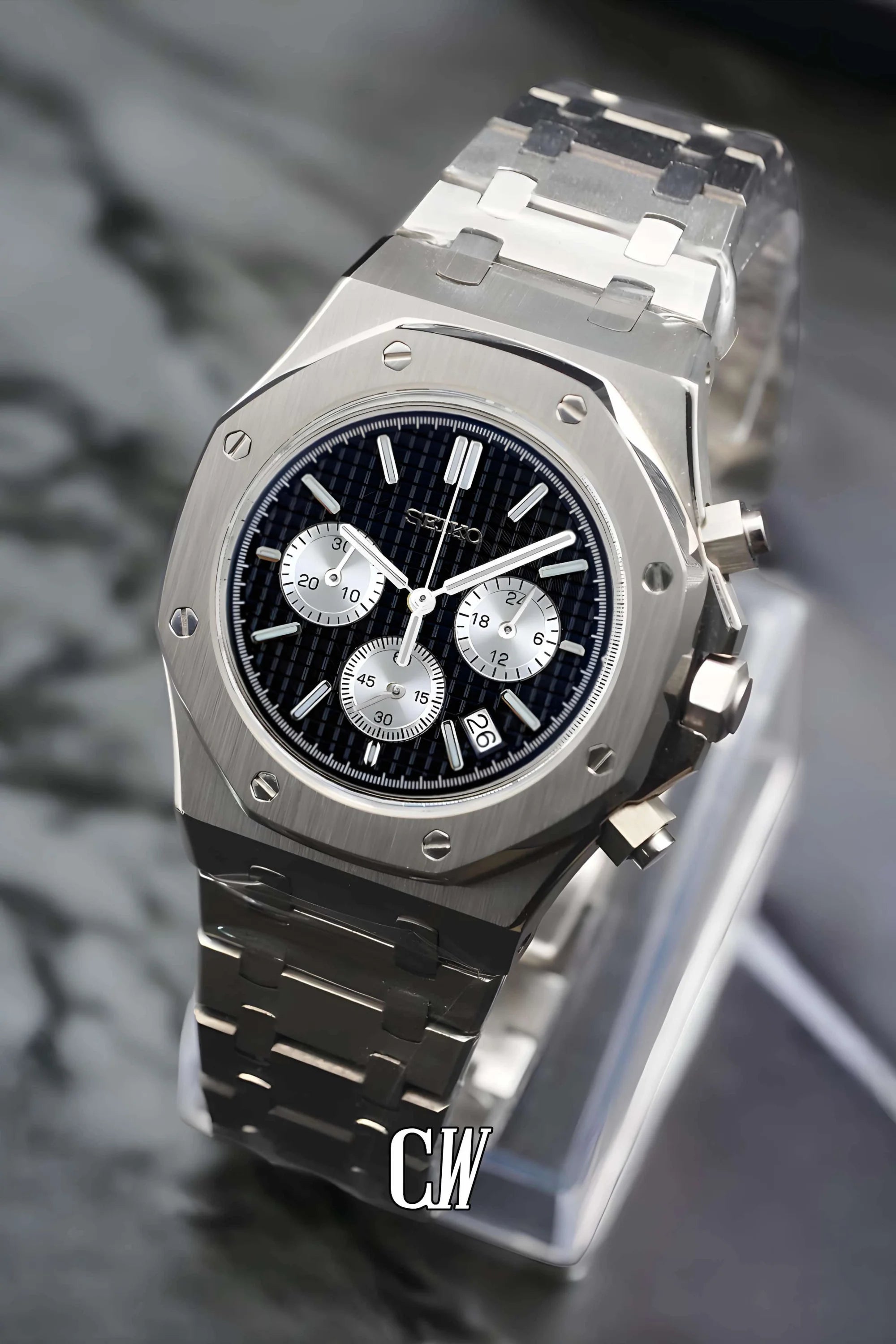 Mod Royal Seikoak chronograph black silver watch - Circa Watch Labs