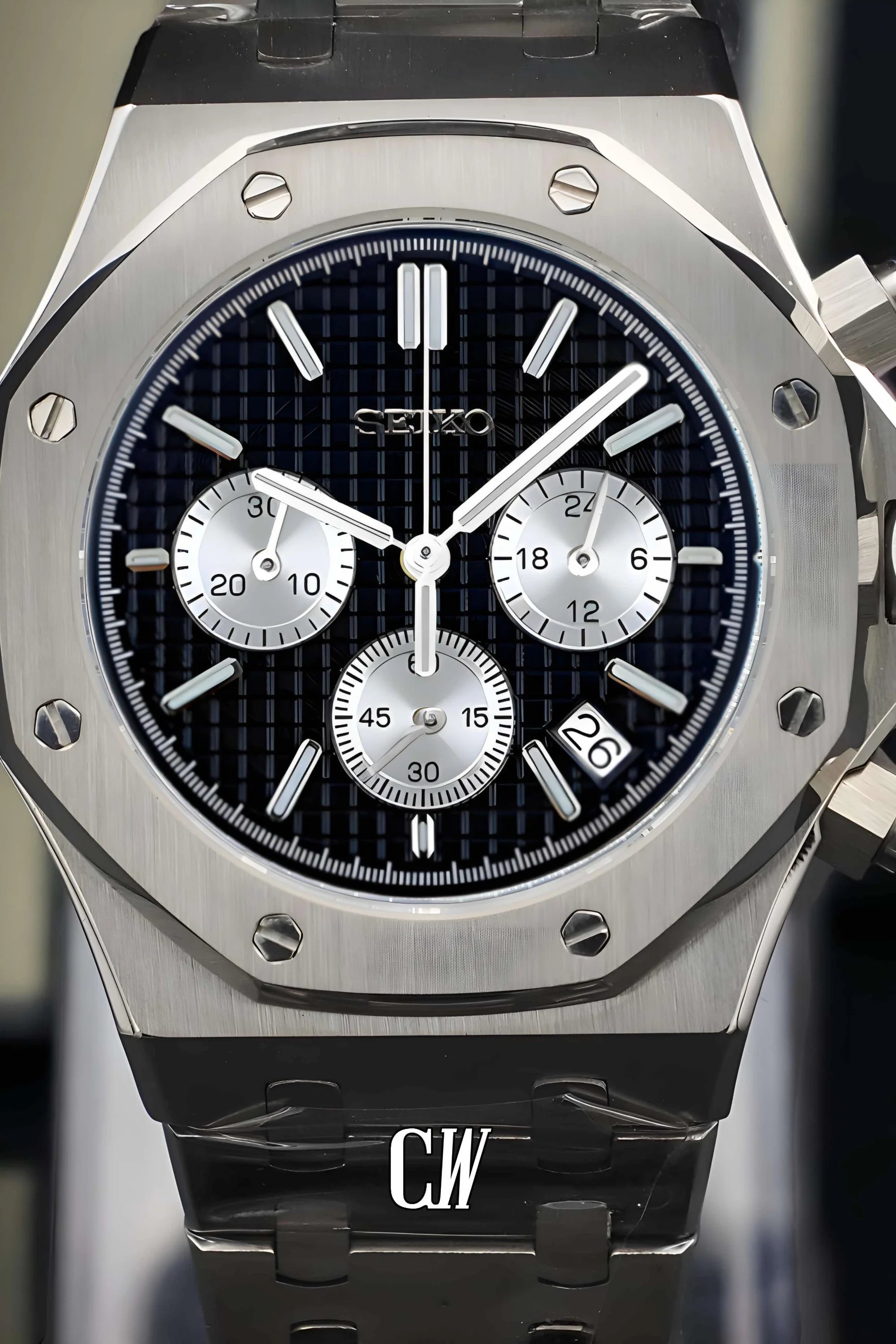 Mod Royal Seikoak chronograph black silver watch - Circa Watch Labs