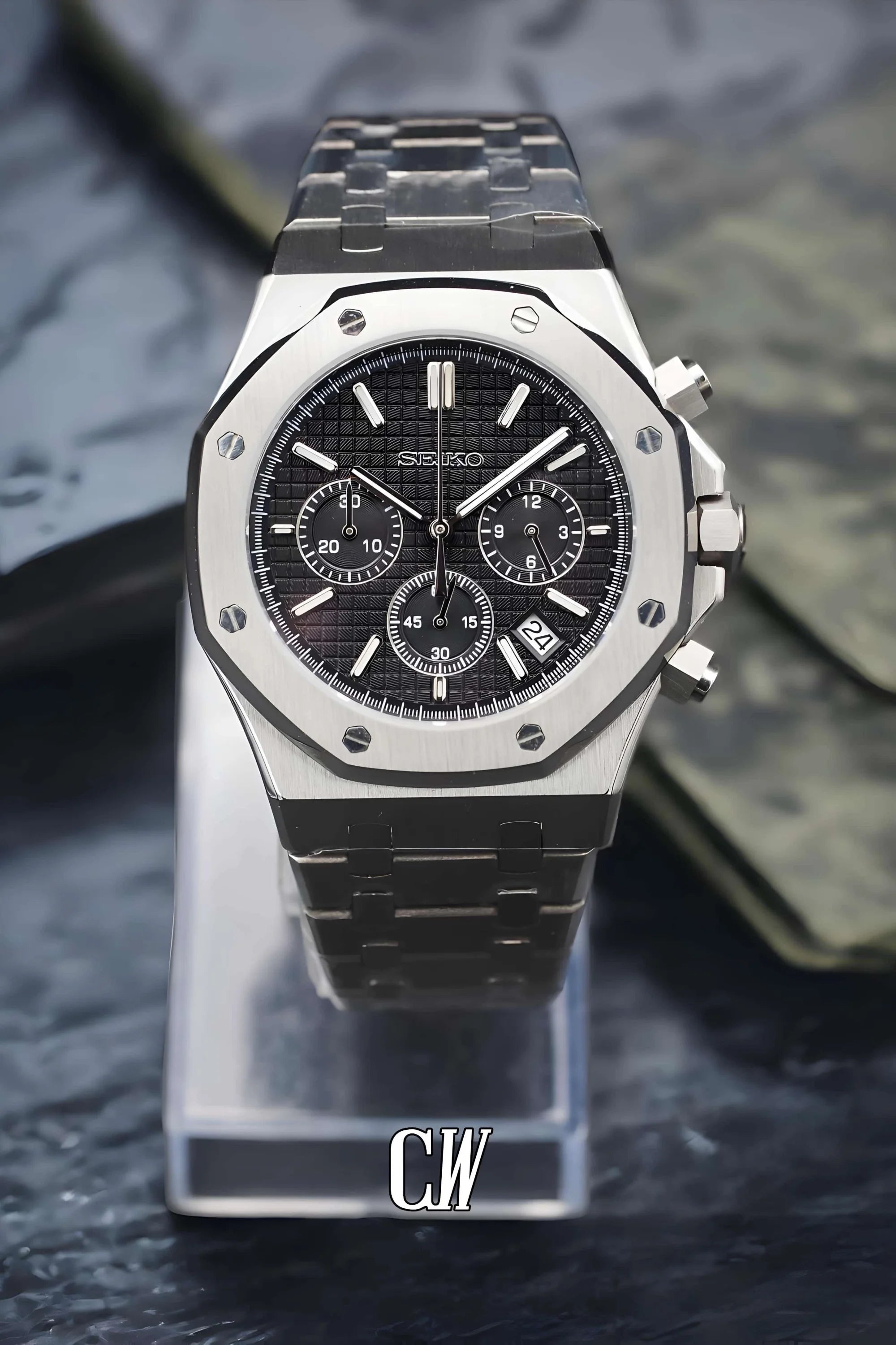 Mod Royal Seikoak chronograph black watch - Circa Watch Labs seiko mod