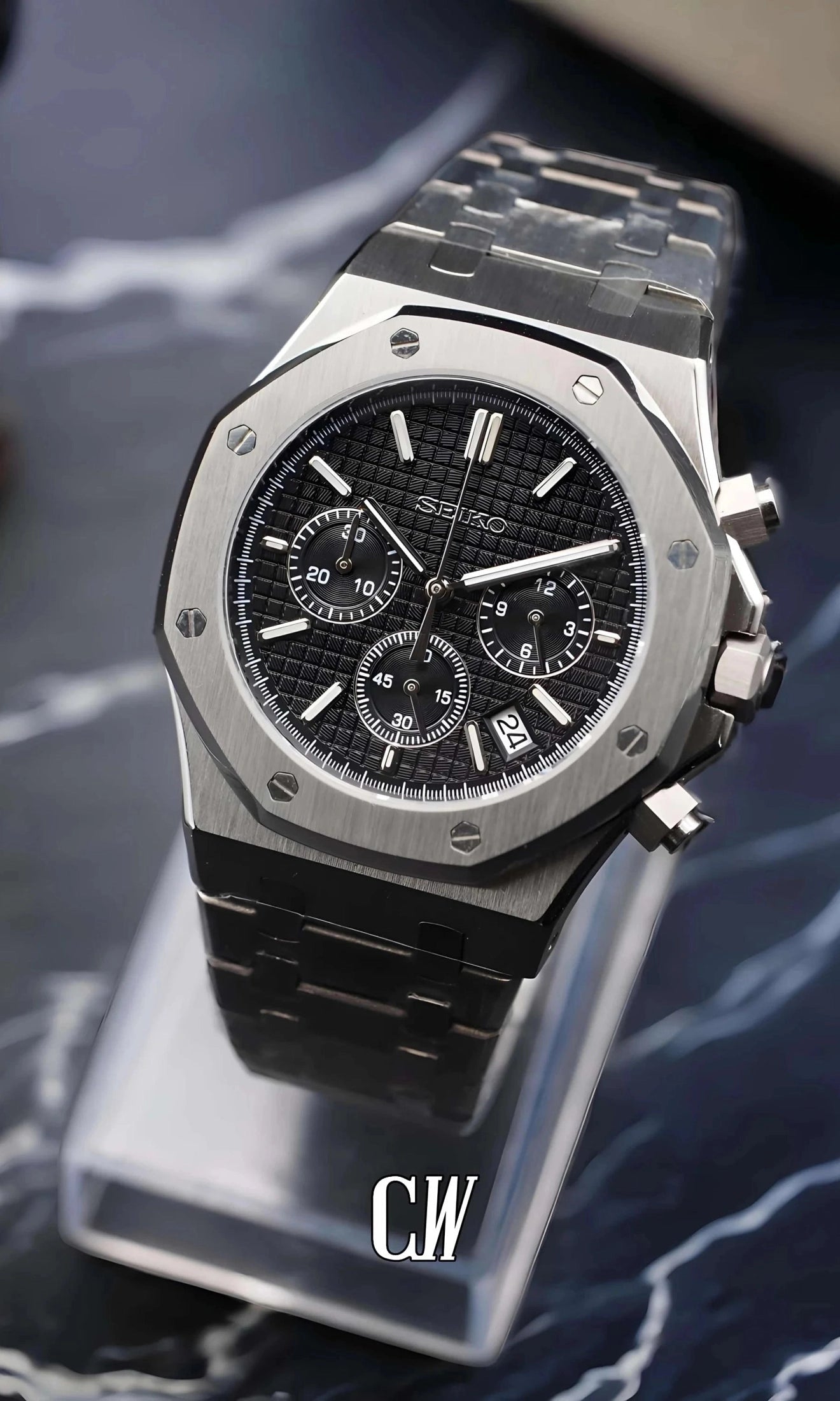 Mod Royal Seikoak chronograph black watch - Circa Watch Labs