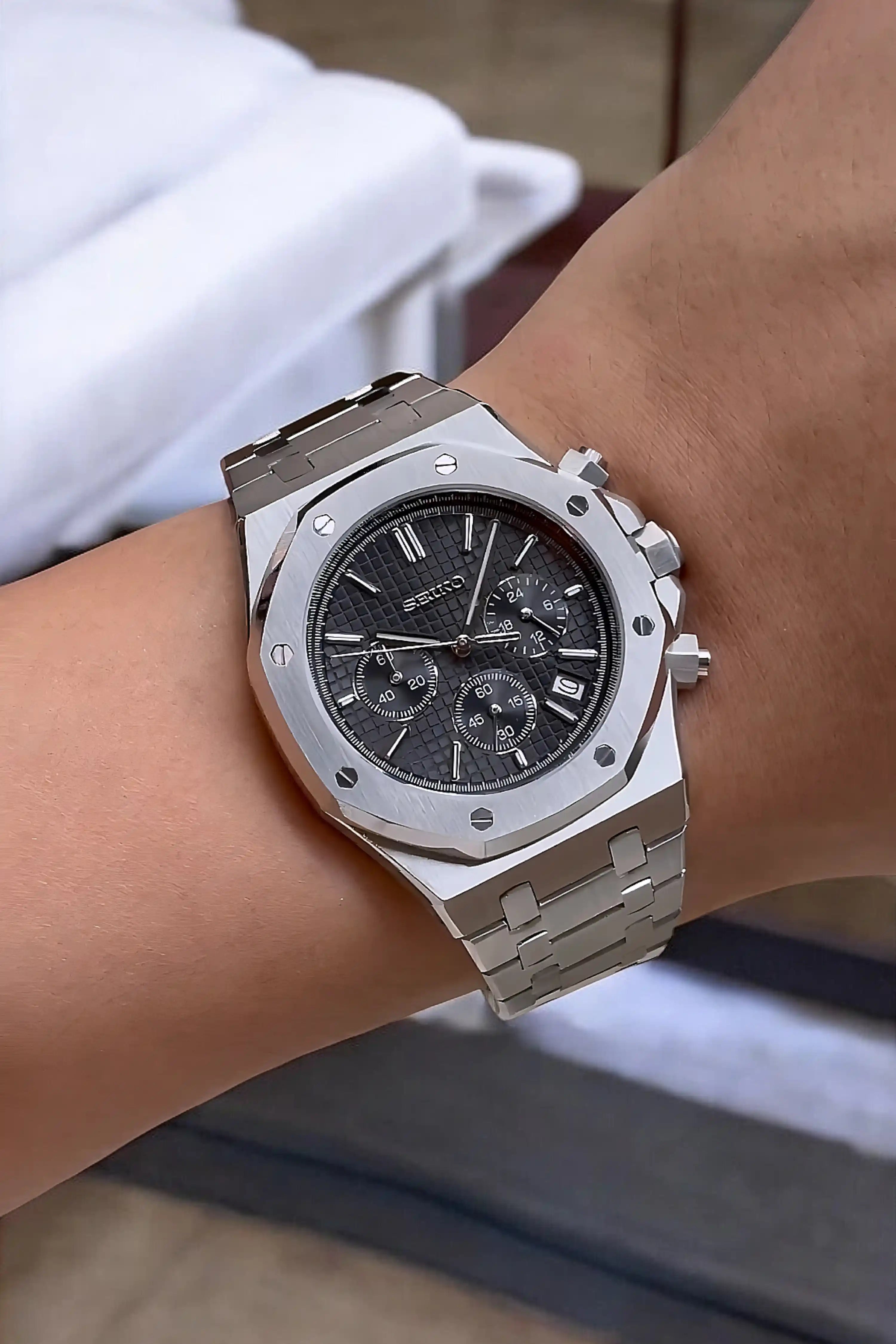 Mod Royal Seikoak chronograph black watch - Circa Watch Labs seiko mod