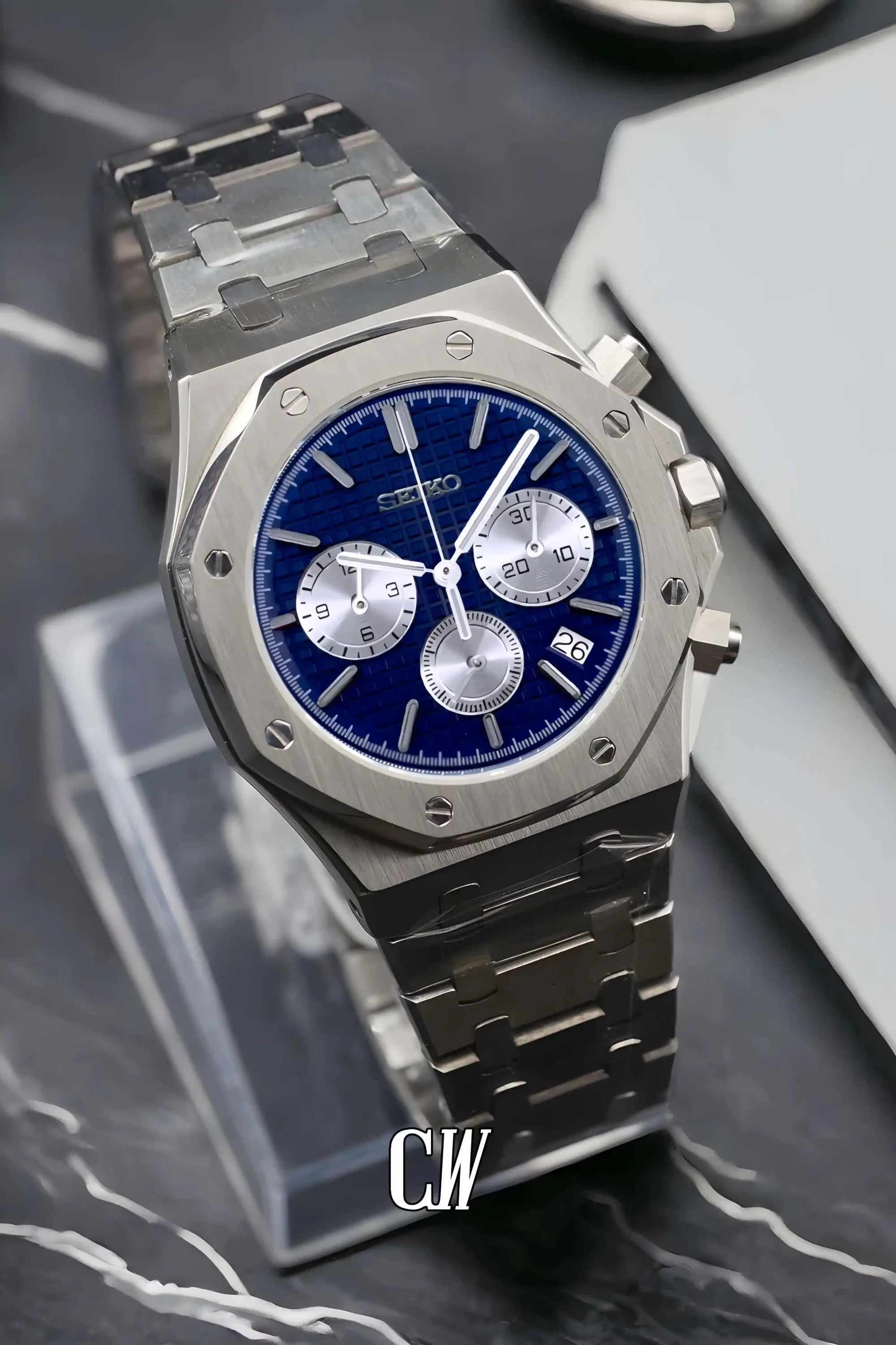 Mod Royal Seikoak chronograph blue silver watch - Circa Watch Labs