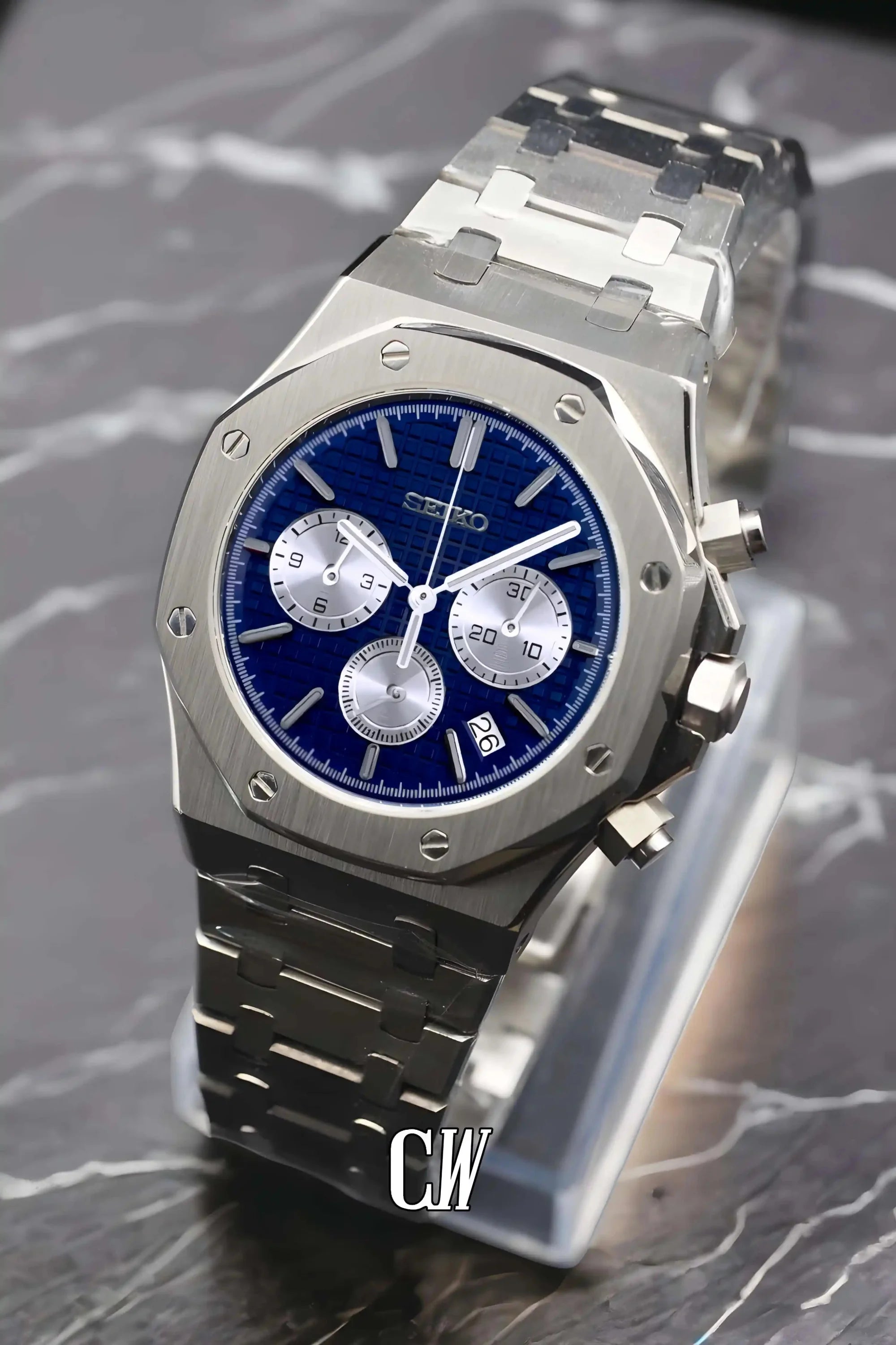 Mod Royal Seikoak chronograph blue silver watch - Circa Watch Labs