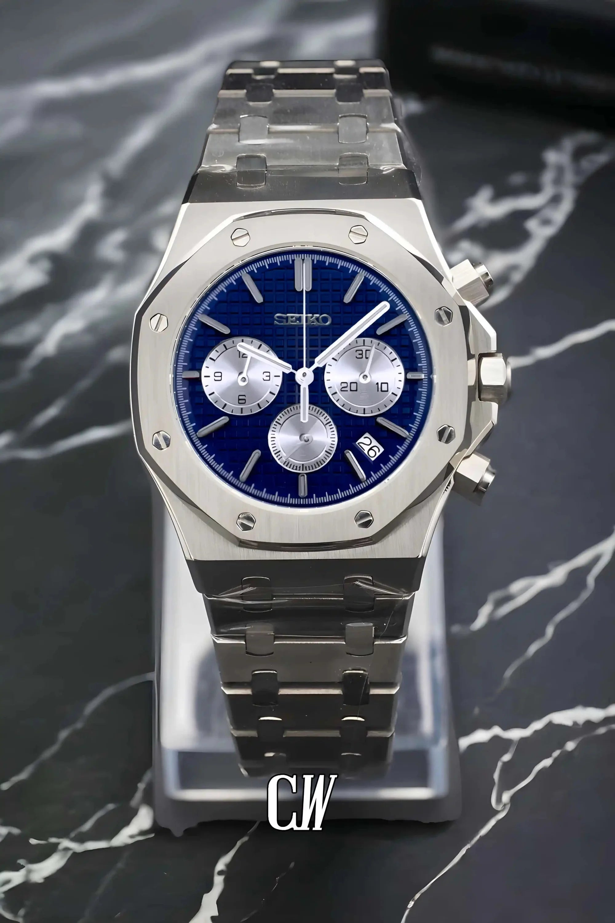 Mod Royal Seikoak chronograph blue silver watch - Circa Watch Labs