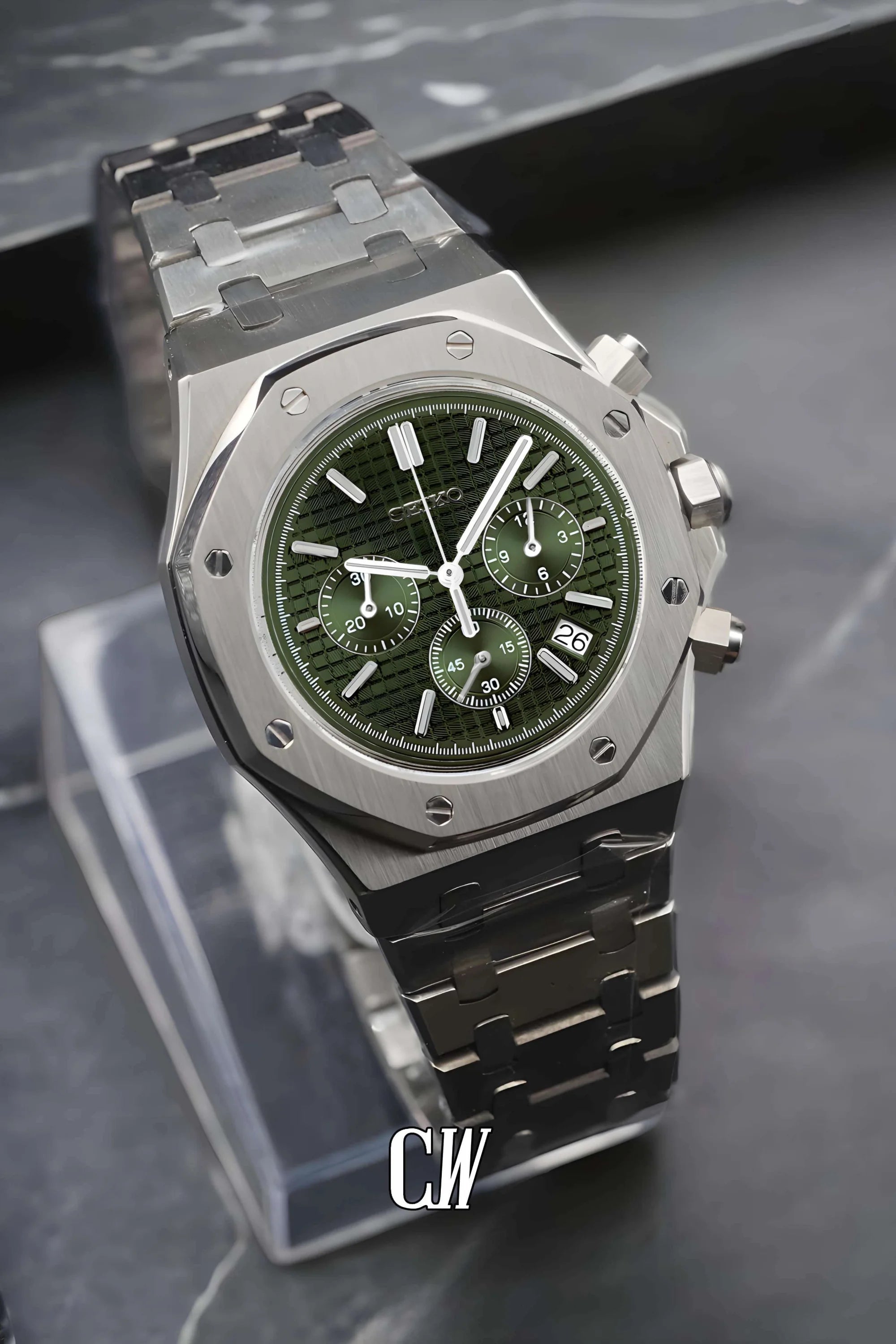 Mod Royal Seikoak chronograph olive green watch - Circa Watch Labs