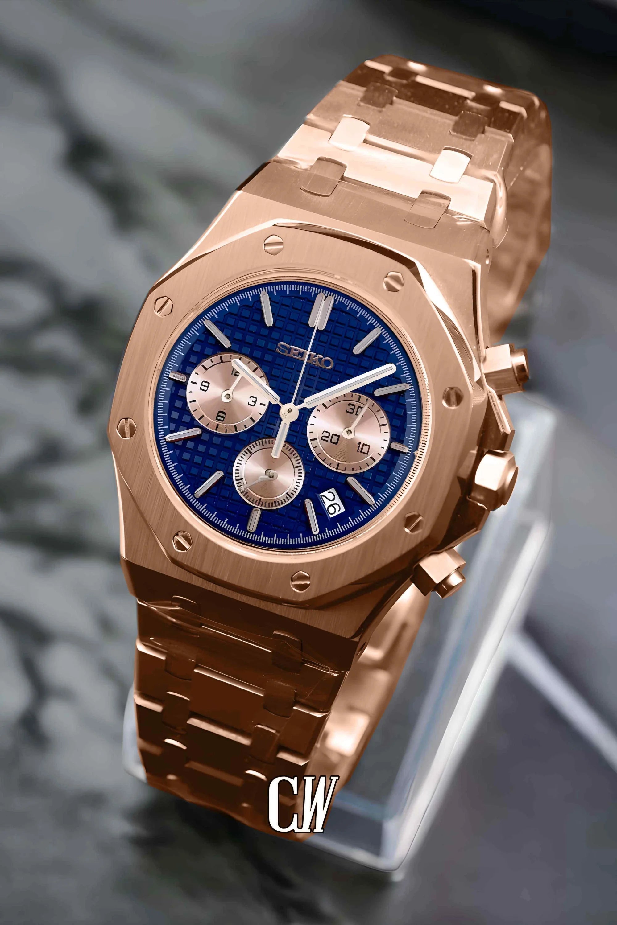 Mod Royal Seikoak chronograph rose gold blue watch - Circa Watch Labs