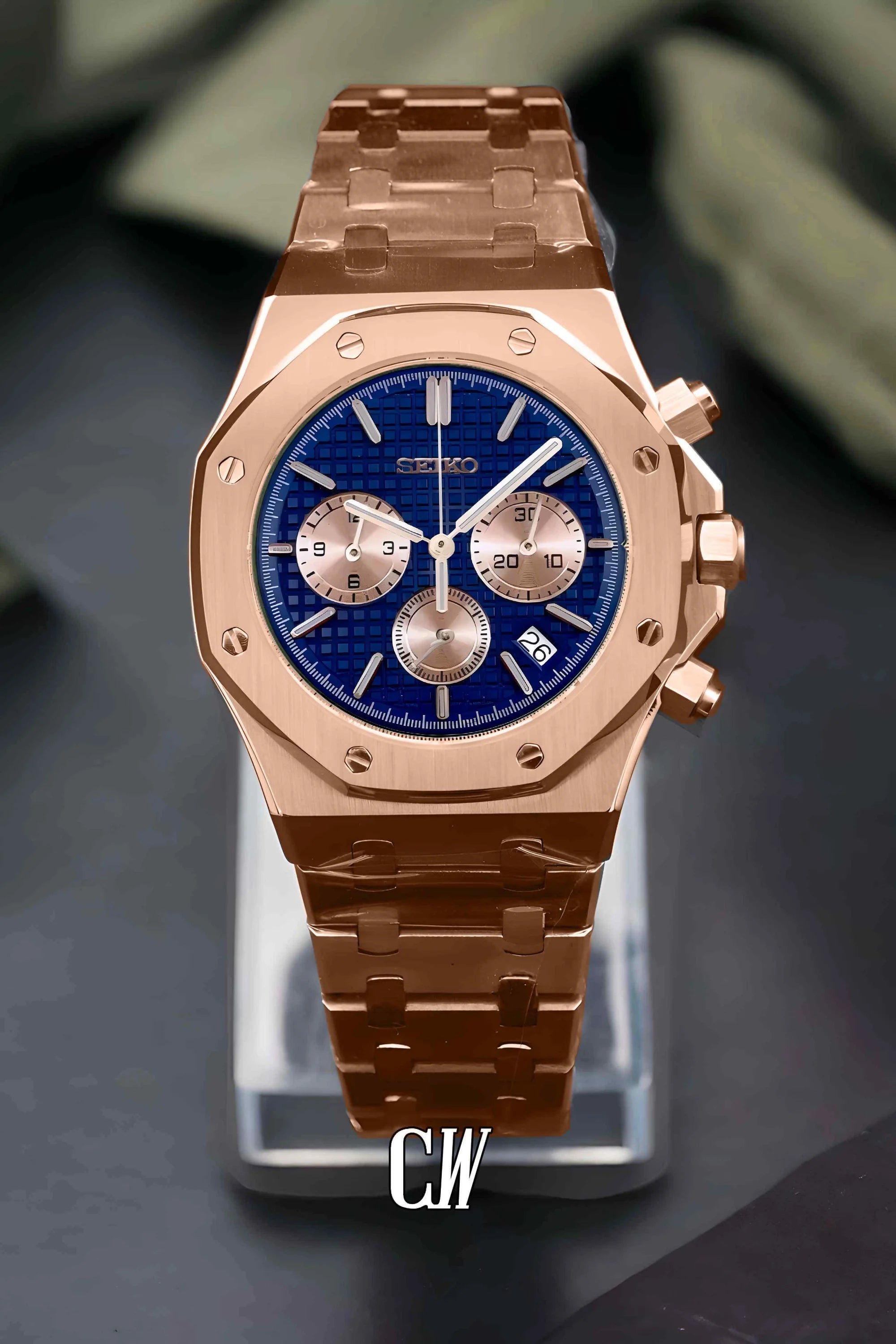 Mod Royal Seikoak chronograph rose gold blue watch - Circa Watch Labs