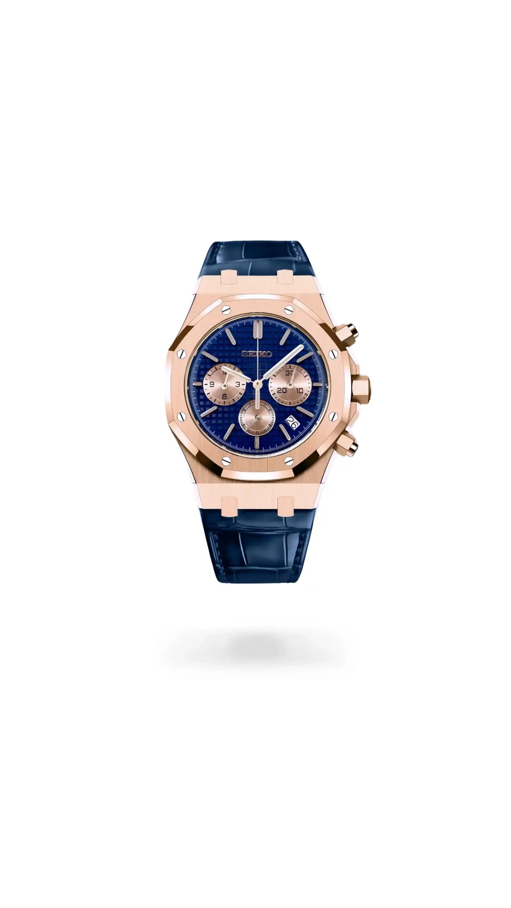 Mod Royal Seikoak chronograph rose gold blue watch - Circa Watch Labs
