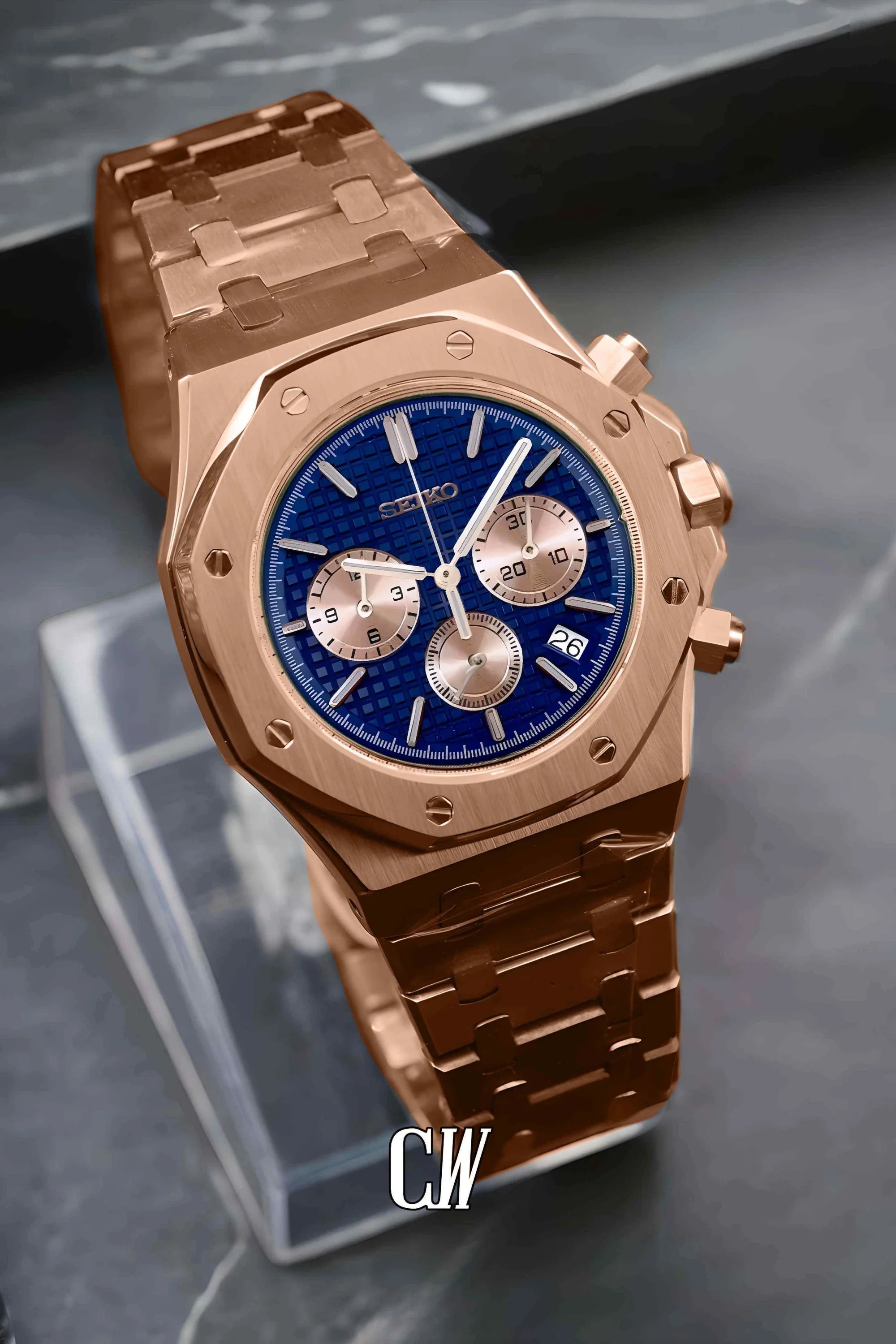 Mod Royal Seikoak chronograph rose gold blue watch - Circa Watch Labs
