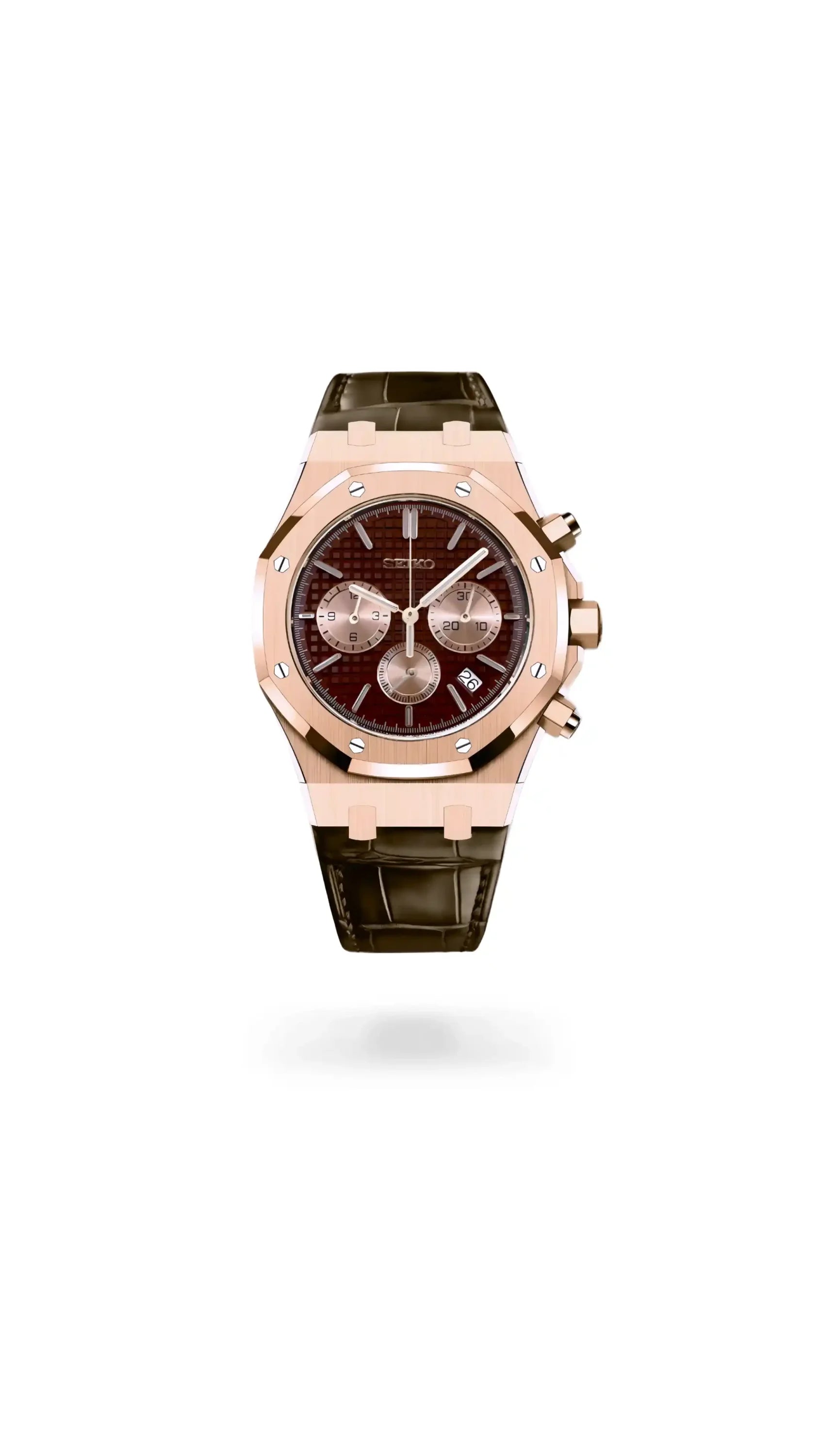 Mod Royal Seikoak chronograph rose gold brown watch - Circa Watch Labs