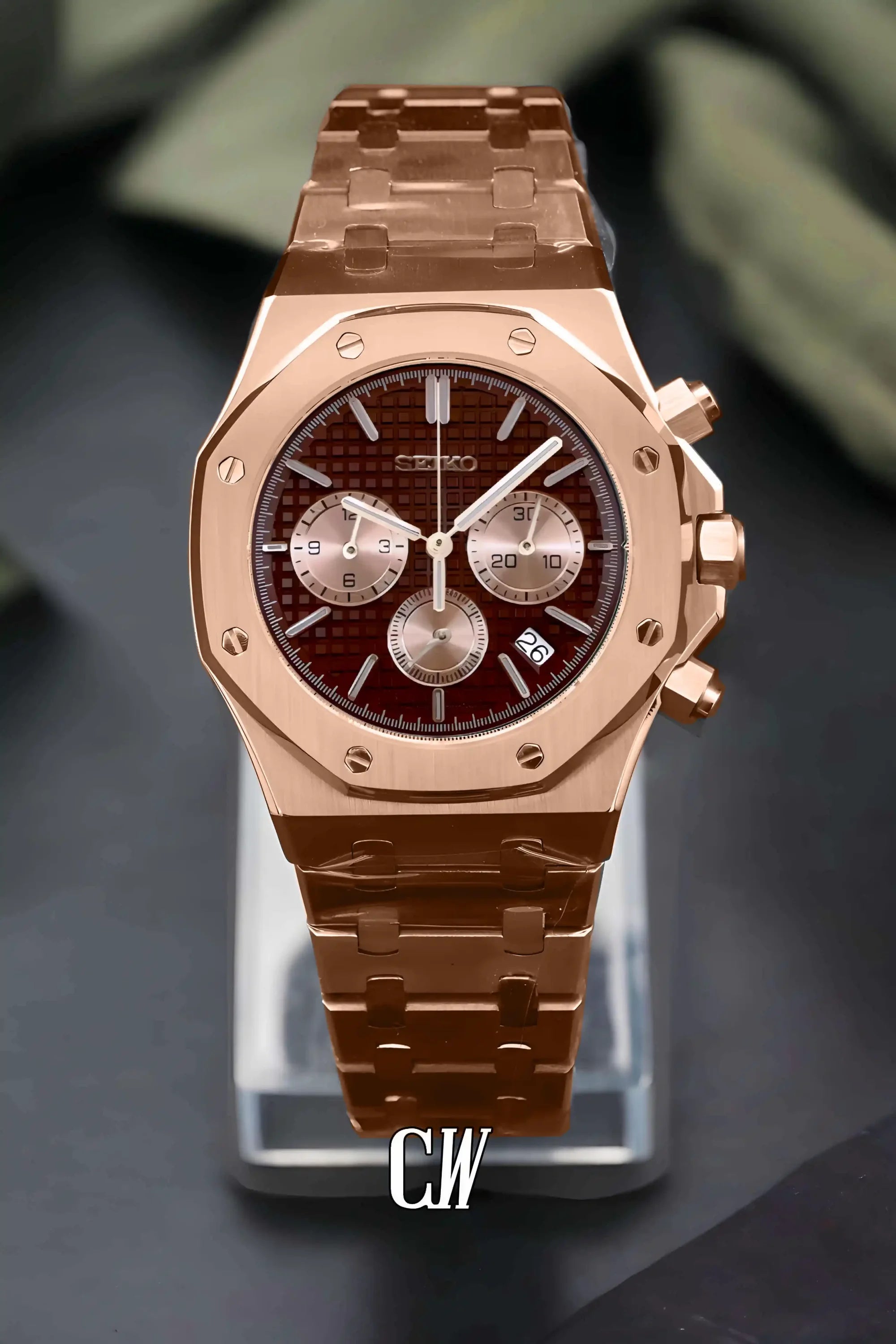 Mod Royal Seikoak chronograph rose gold brown watch - Circa Watch Labs