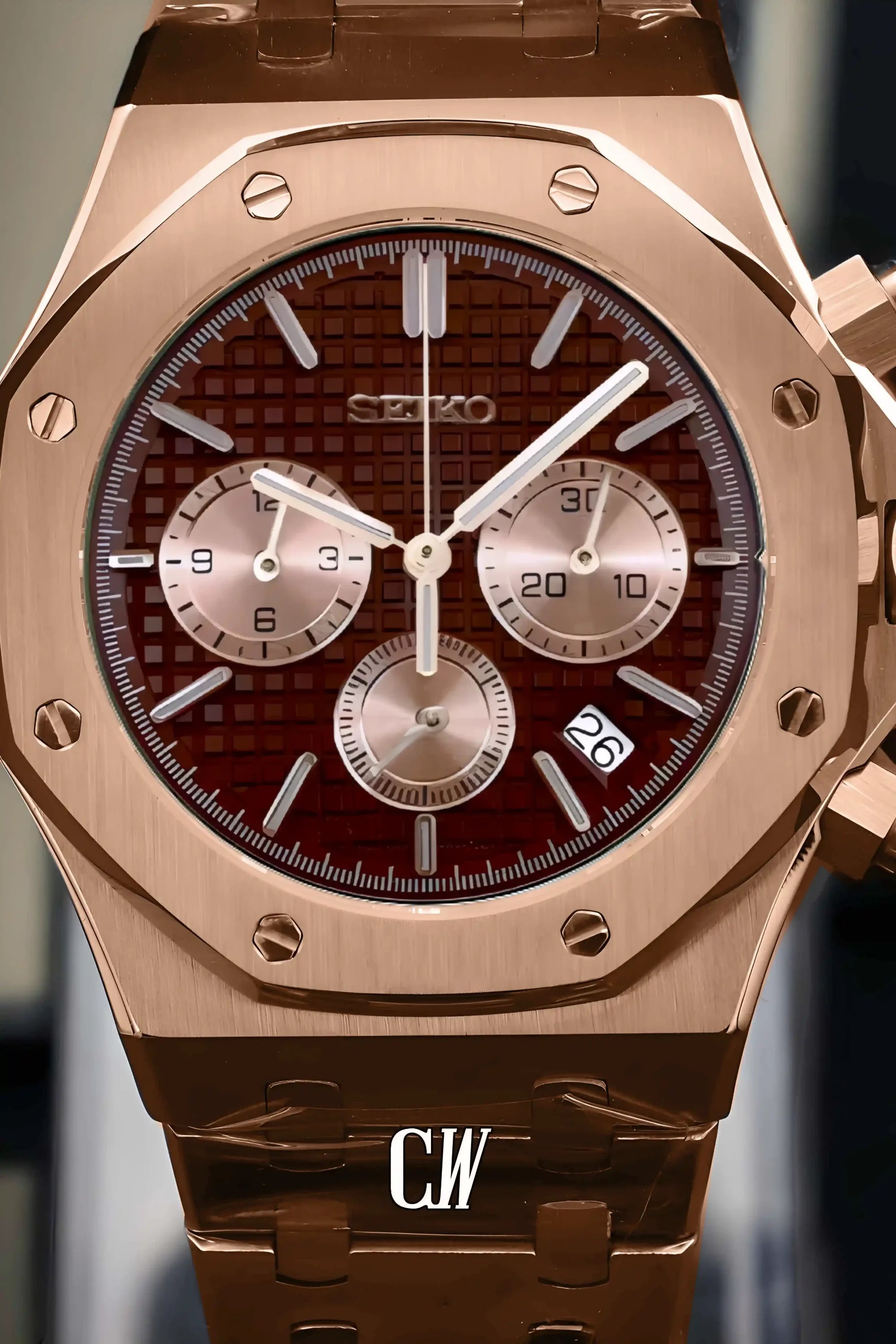 Mod Royal Seikoak chronograph rose gold brown watch - Circa Watch Labs