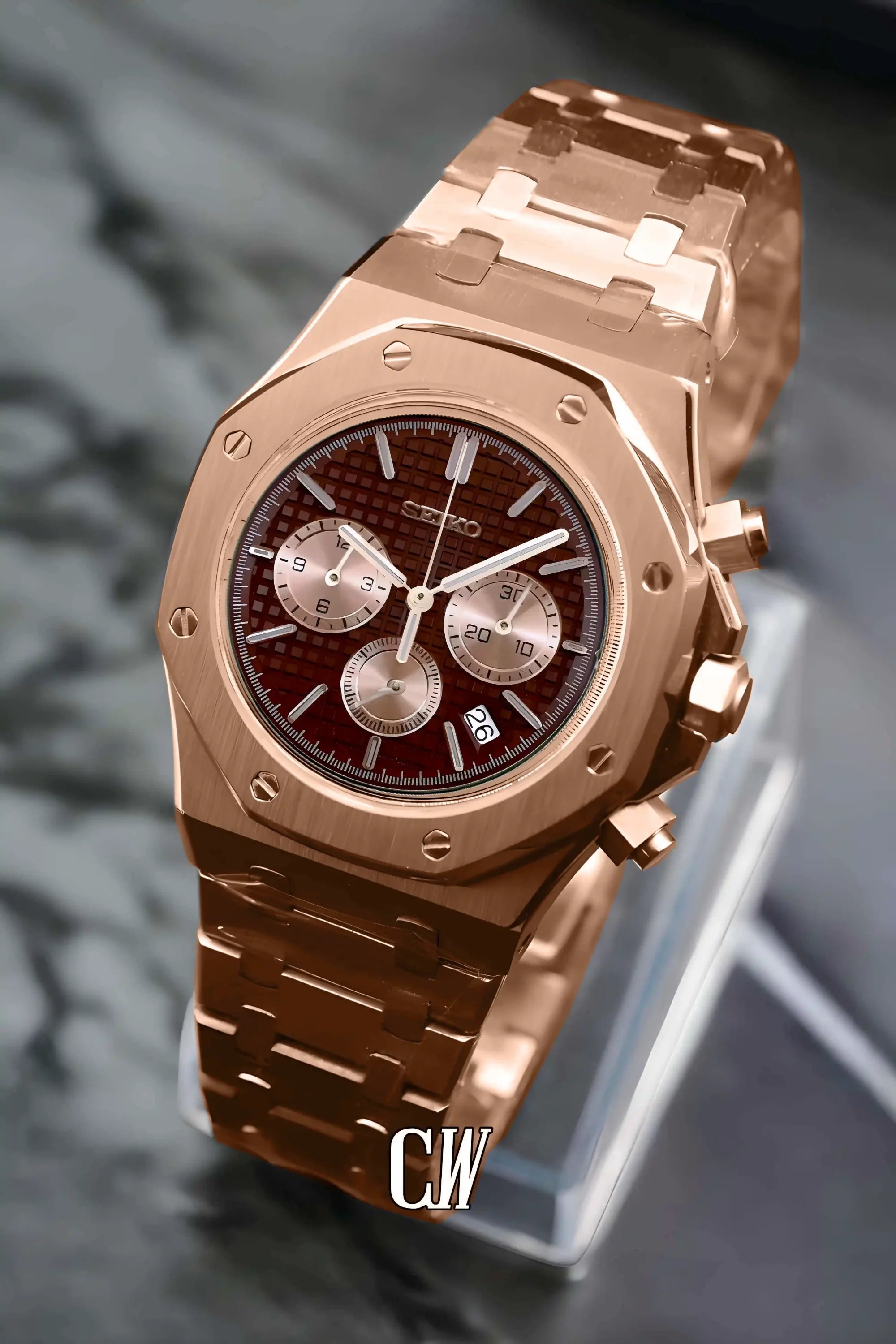 Mod Royal Seikoak chronograph rose gold brown watch - Circa Watch Labs