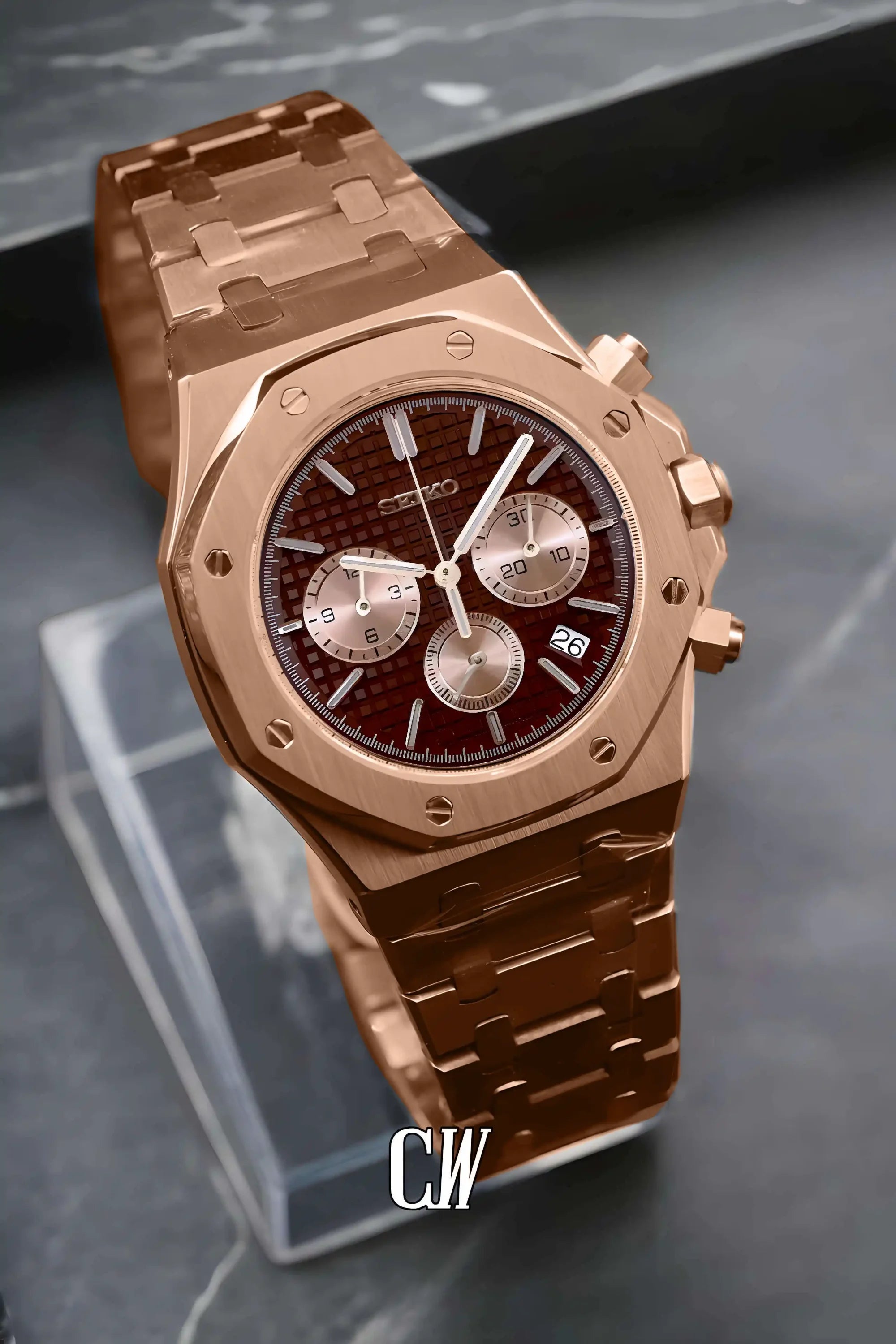 Mod Royal Seikoak chronograph rose gold brown watch - Circa Watch Labs